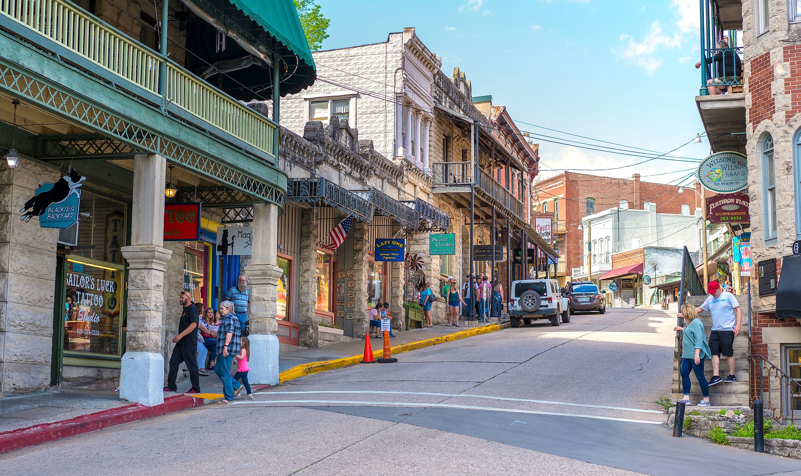 The bustling downtown area of Eureka Springs, Arkansas. Editorial credit: shuttersv / Shutterstock.com.