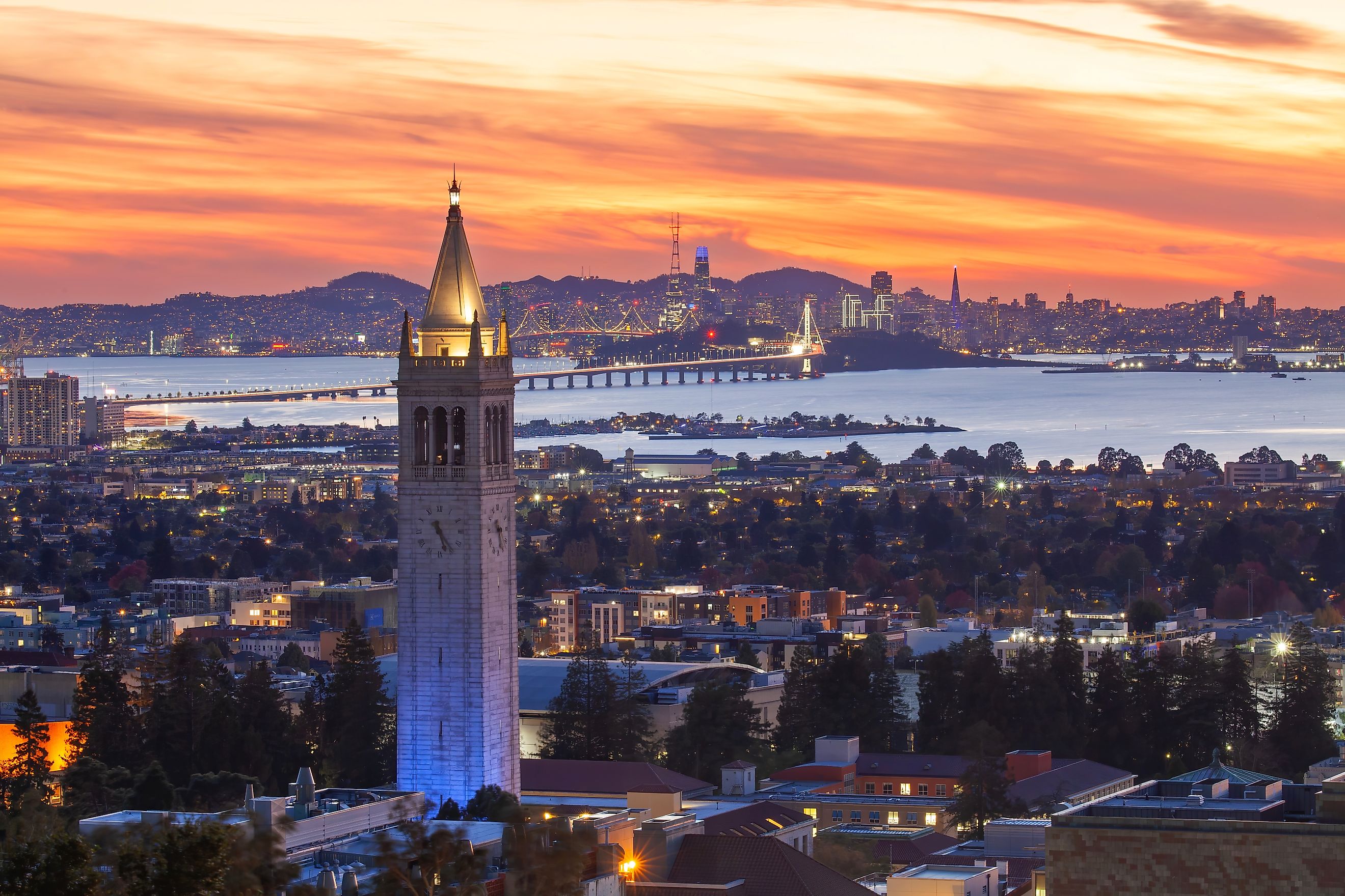 Sather Tower in UC Berkeley and San Francisco City Skyline at Sunset