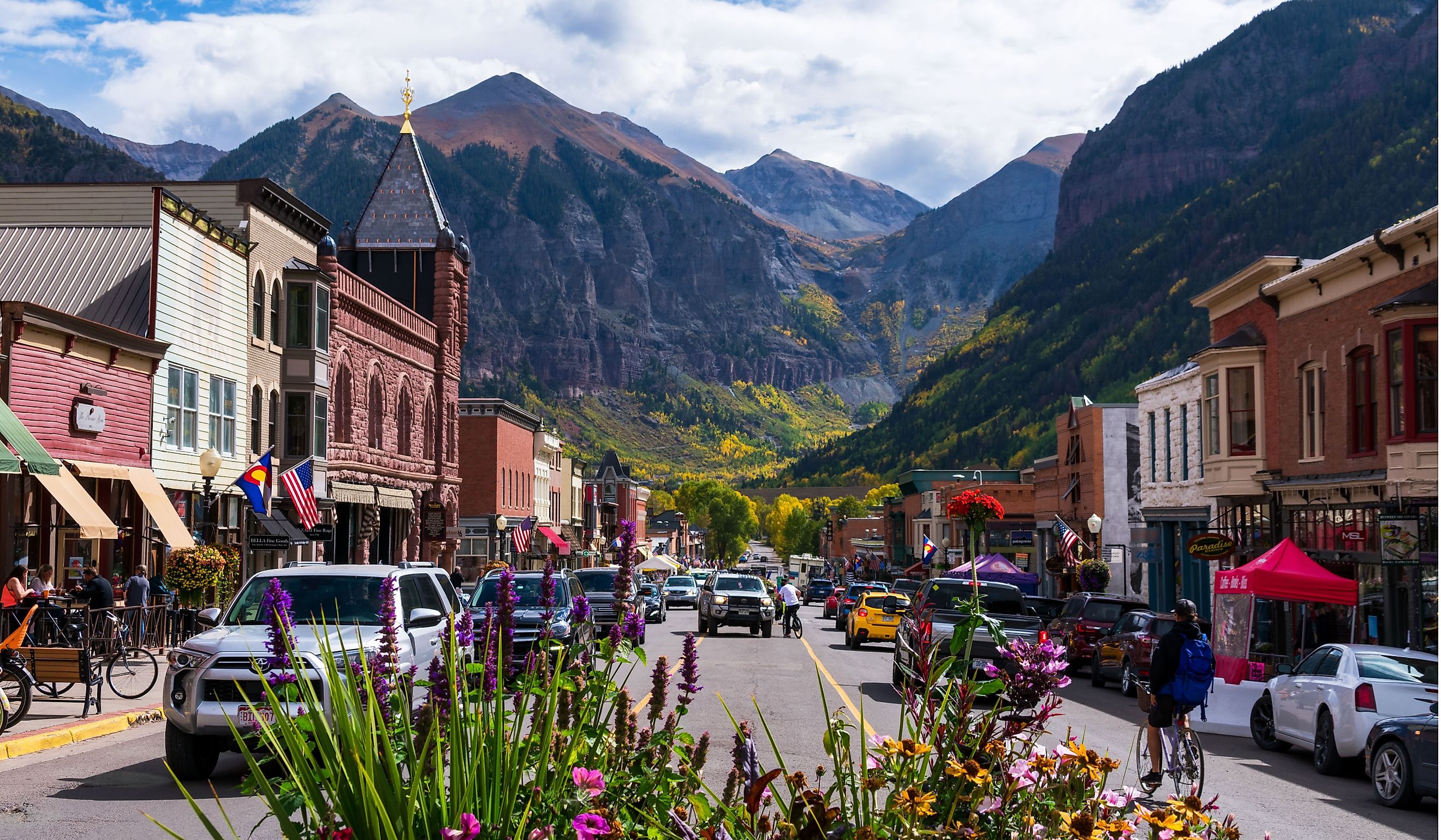 Busy day on Main Street, Colorado Avenue, in downtown Telluride - Telluride, Colorado, USA. Editorial credit: Michael Vi / Shutterstock.com