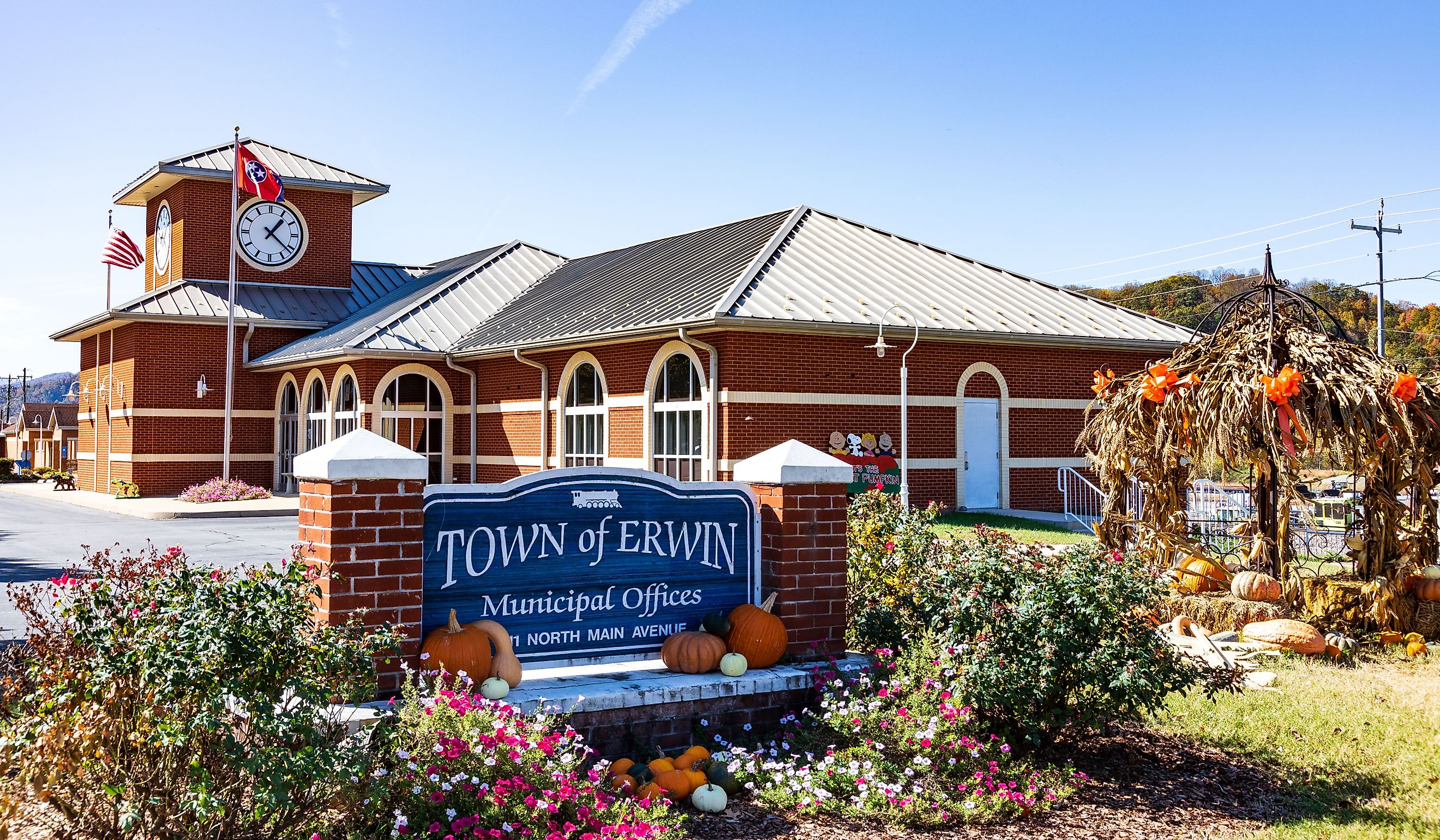 Town office building and sign in Erwin. Editorial credit: J. Michael Jones / Shutterstock.com