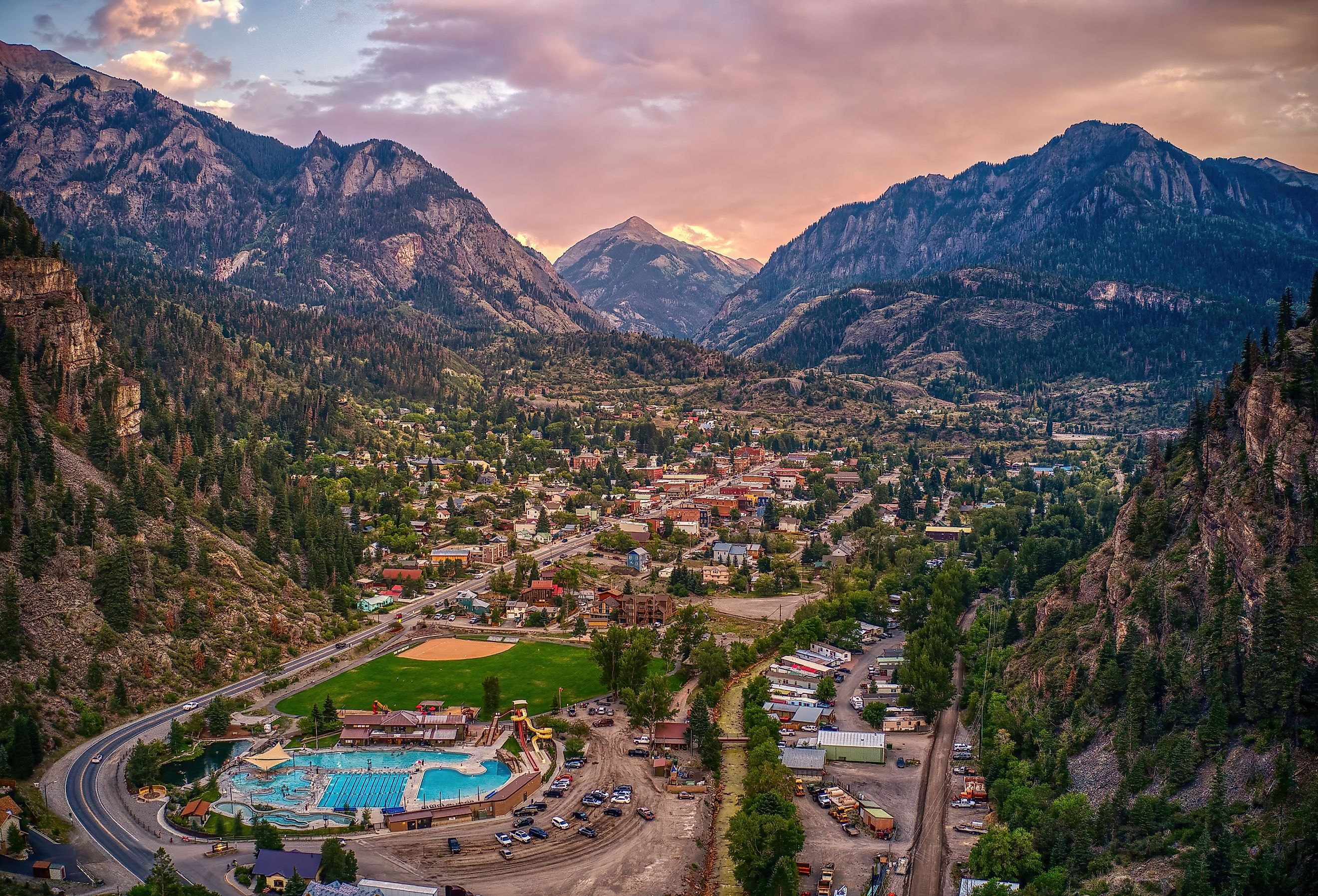 Aerial view of Ouray, a small Mountain Town with a Hot Springs Aquatic Center