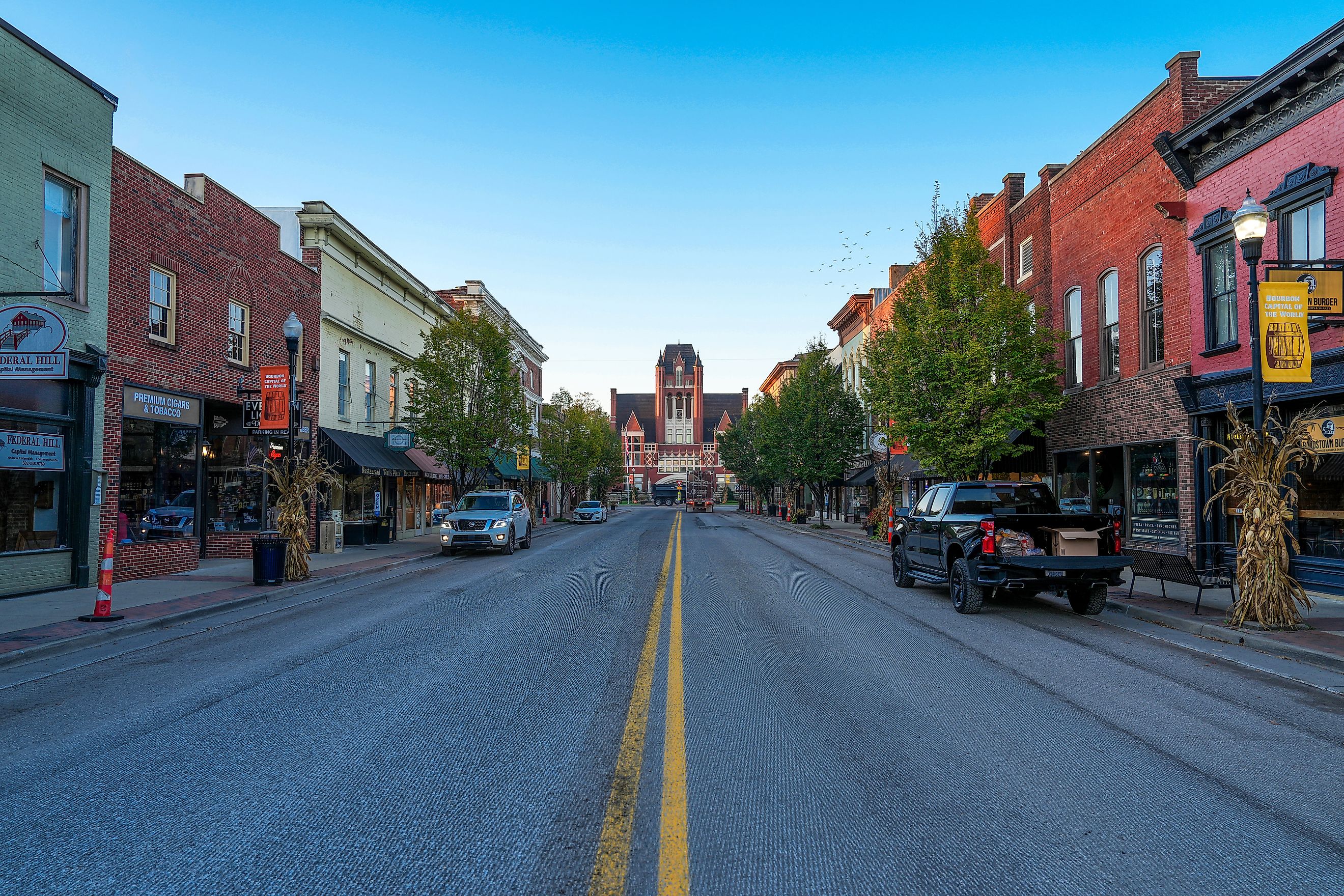 Brick buildings lining the main street in Bardstown, Kentucky, showcasing the town's historic charm. Editorial credit: Jason Busa / Shutterstock.com