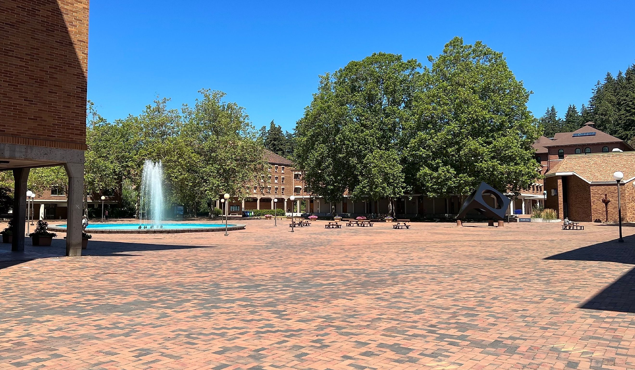 Western Washington University Red Square and water fountain. Editorial credit: RonaldL / Shutterstock.com