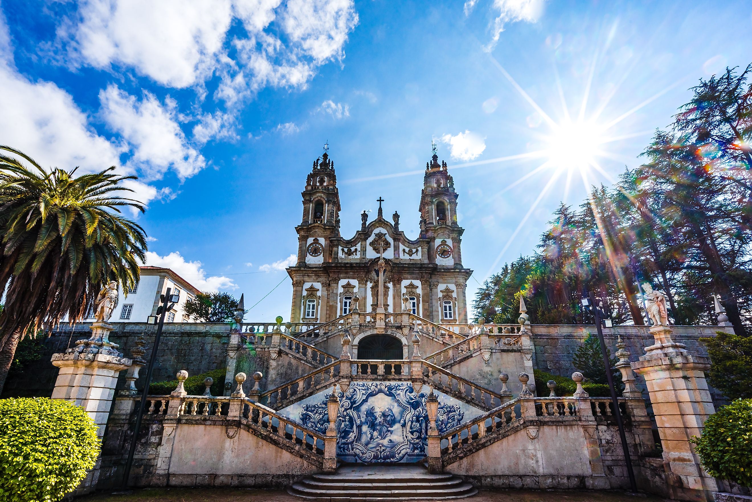 A panoramic view of the Sanctuary of Our Lady of Remedies in Lamego, Portugal. 