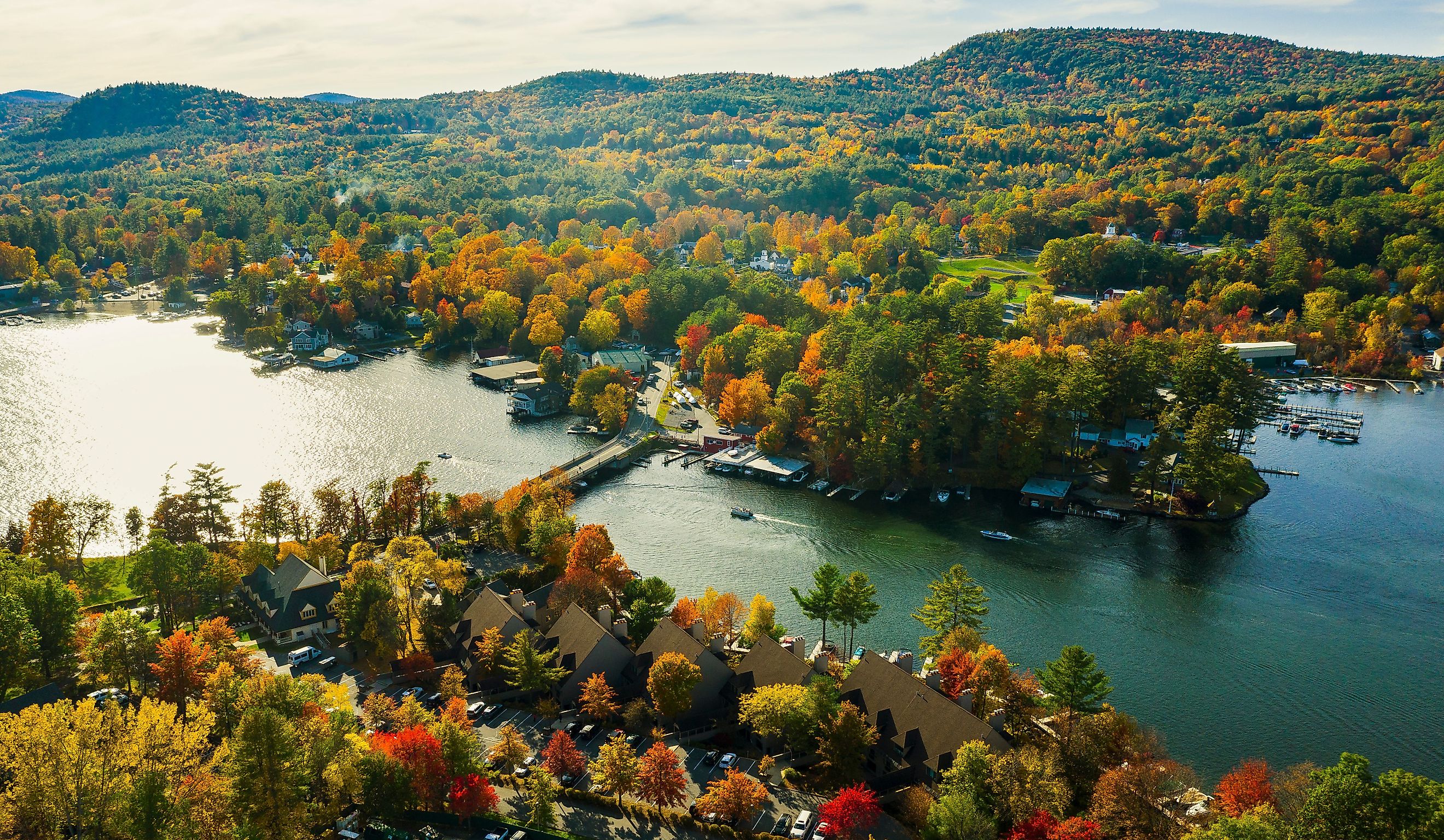 Fall foliage by Lake George at sunset.