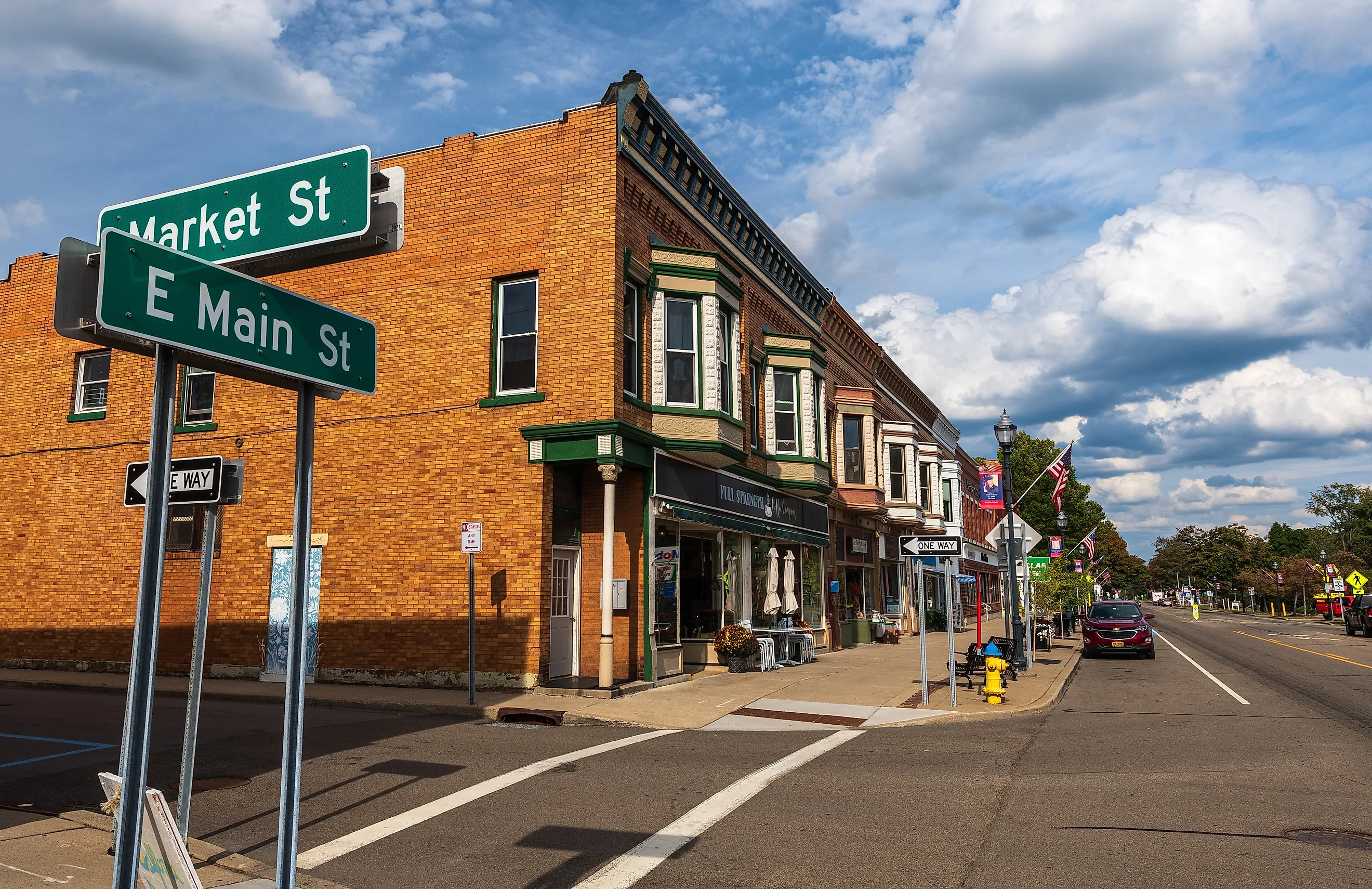 Westfield, New York: Buildings on East Main Street on a sunny fall day, via woodsnorthphoto / Shutterstock.com