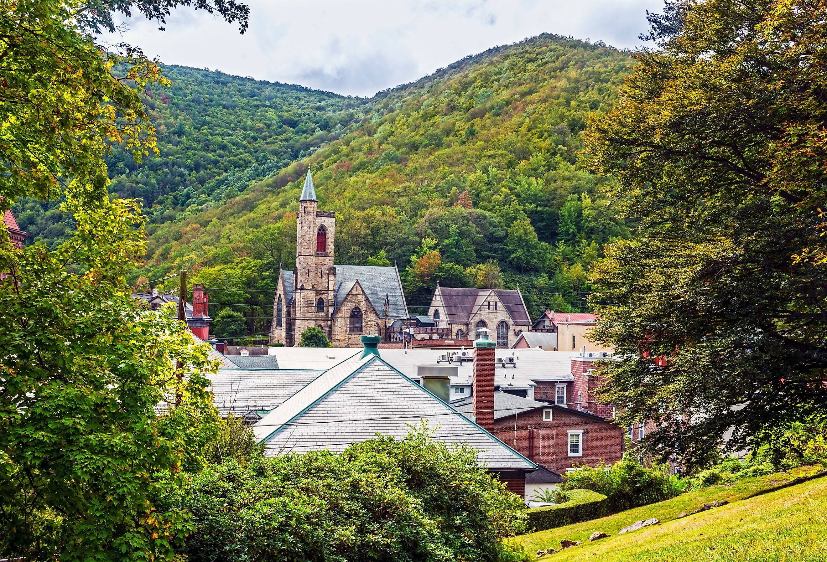 Historic old buildings and the scenic landscape of Jim Thorpe, Pennsylvania.