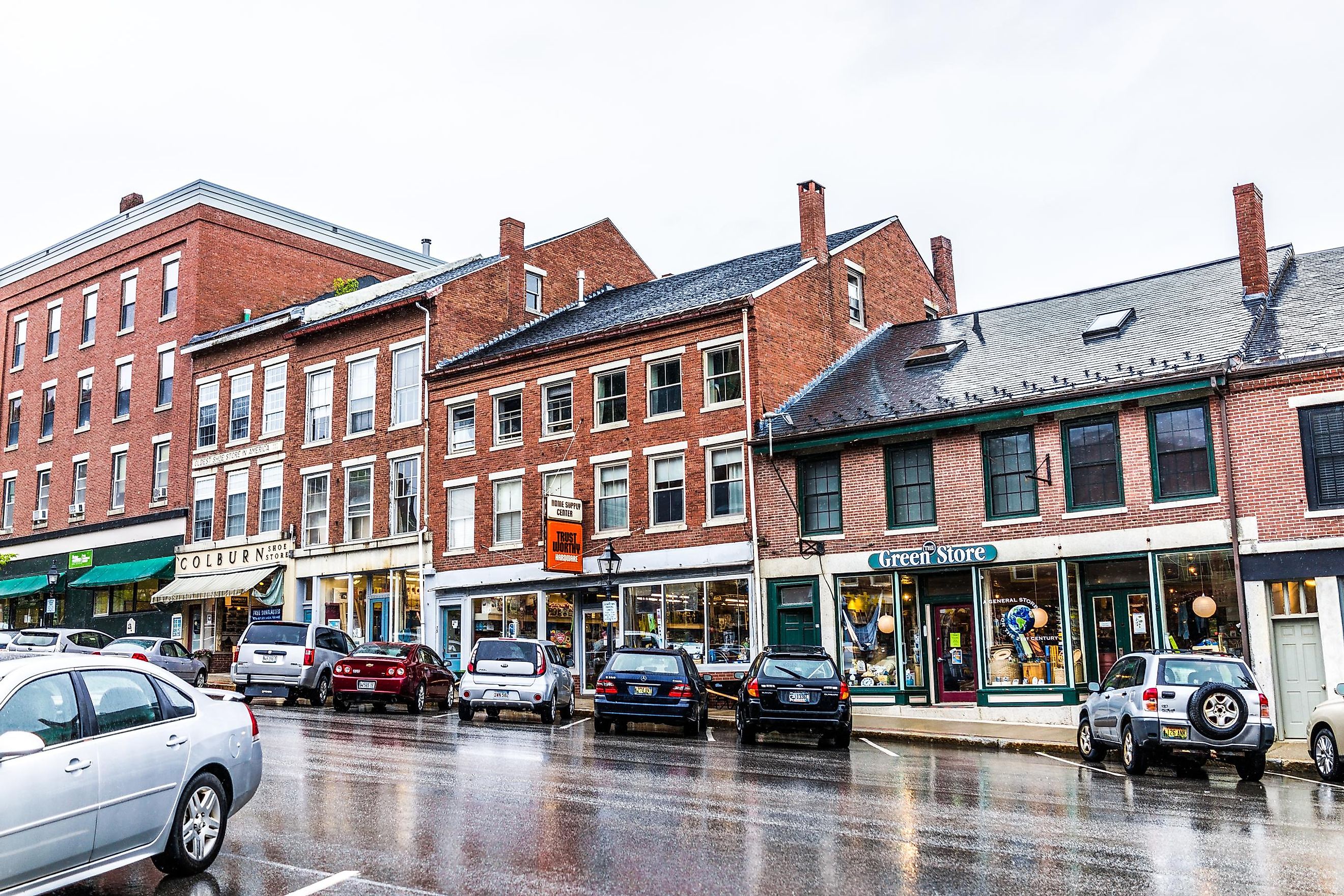 Businesses lined along the steep hill Main Street in Belfast, Maine. Editorial credit: Kristi Blokhin / Shutterstock.com