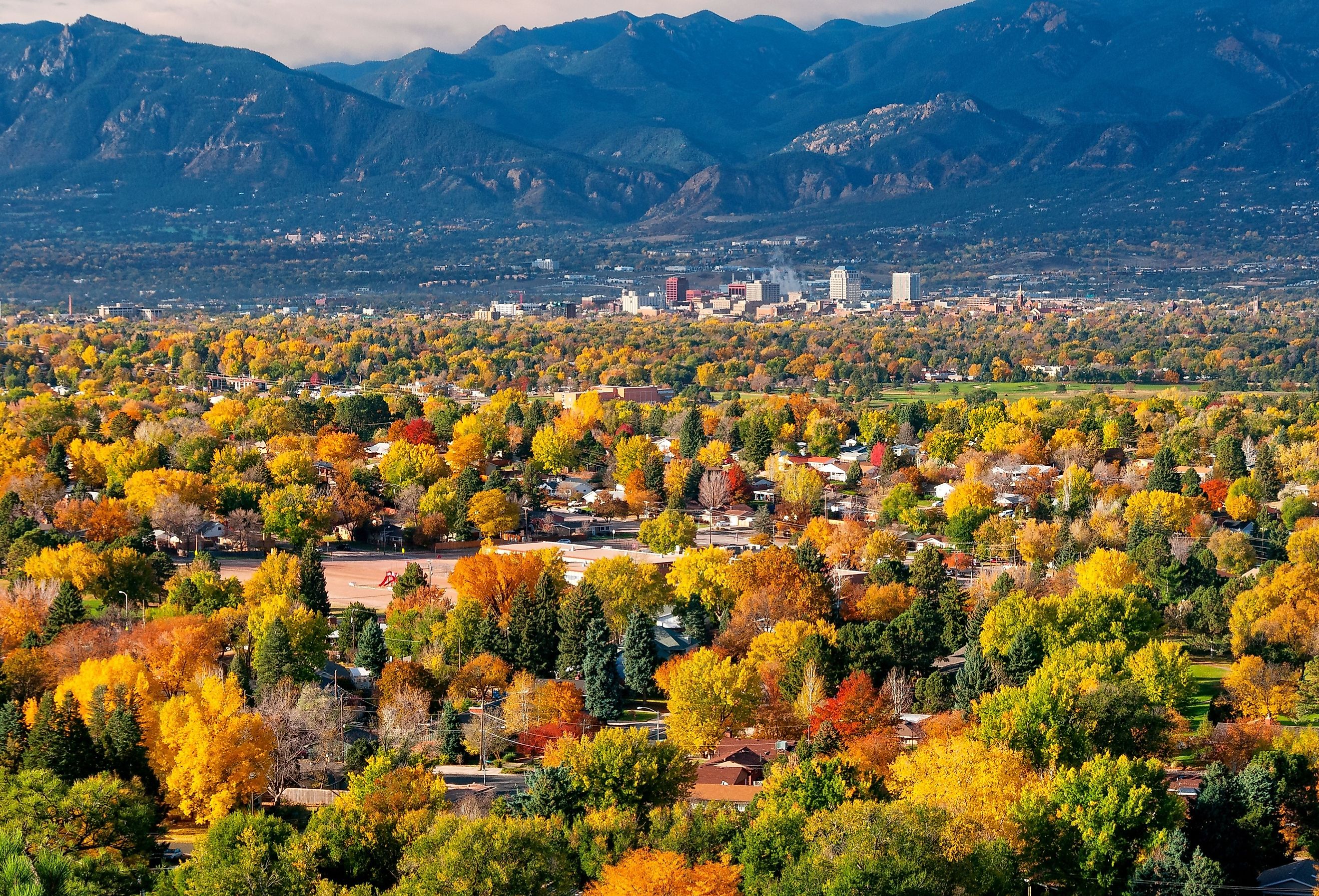 owntown Colorado Springs as seen from Grandview Lookout in Palmer Park in autumn.