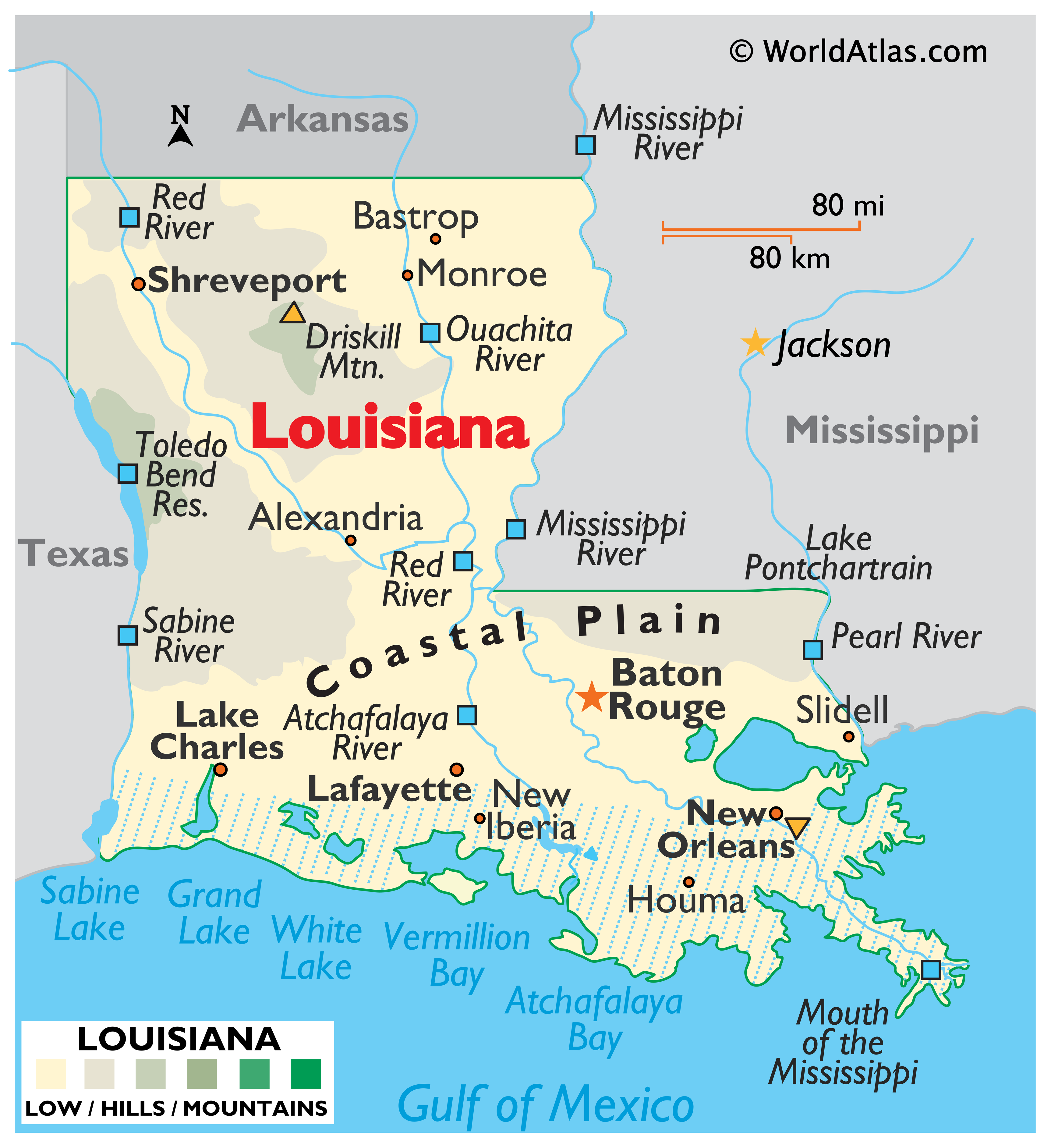 Image of Map of Louisiana showing the Mississippi Way with its estuary