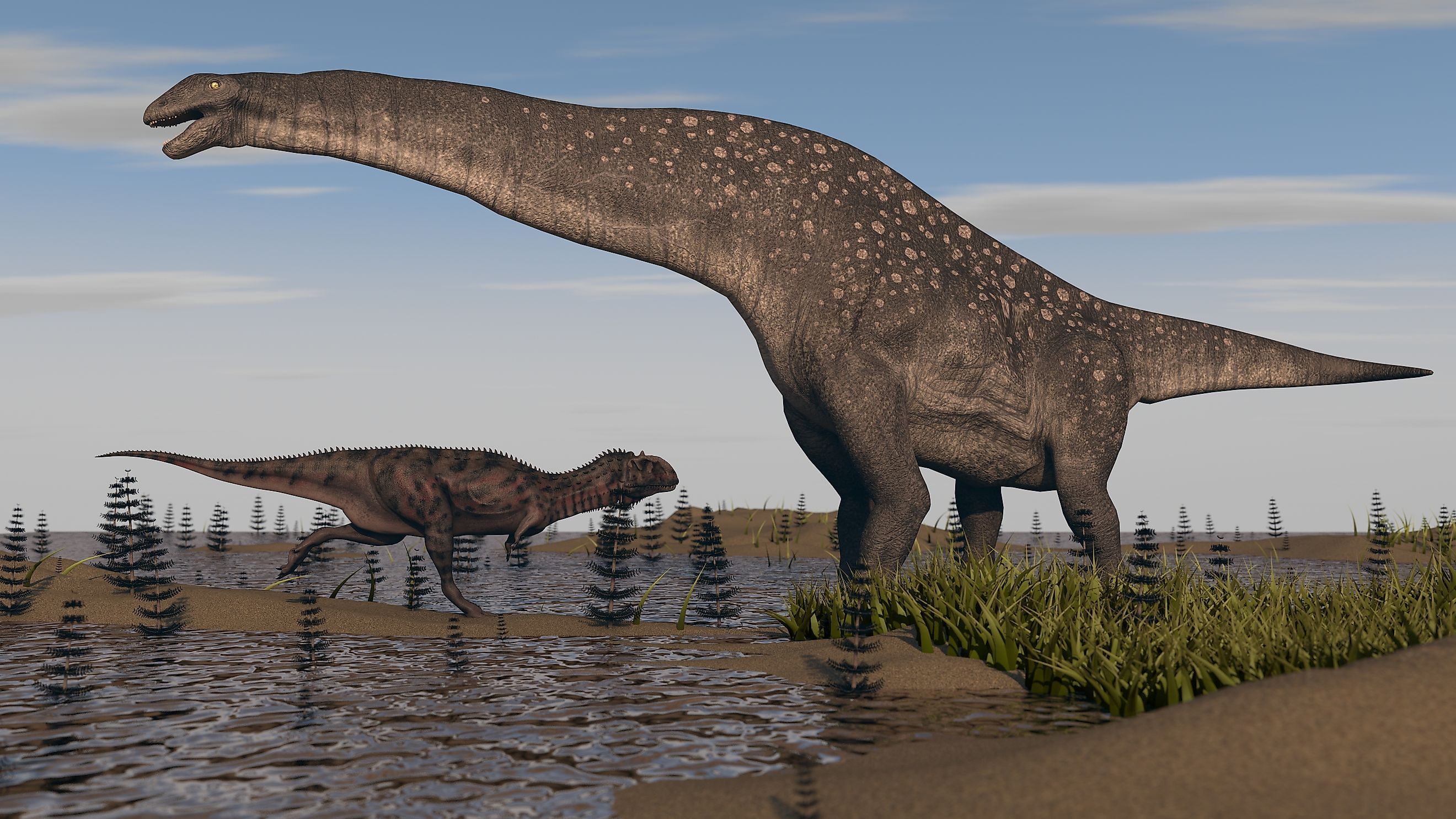 3D rendering of a titanosaur in swamp grass.
