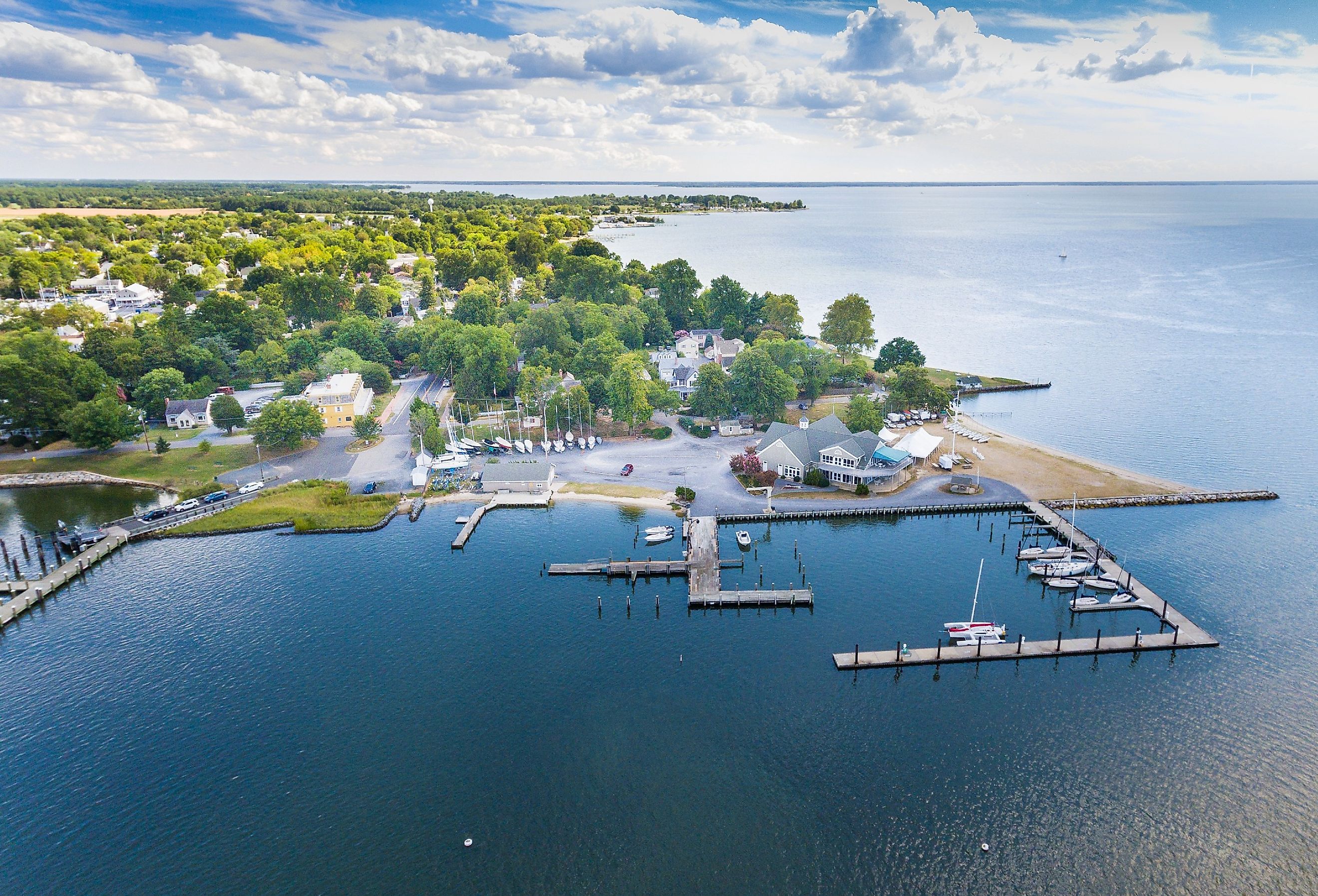 Aerial view of Oxford, Maryland on Chesapeake Bay.