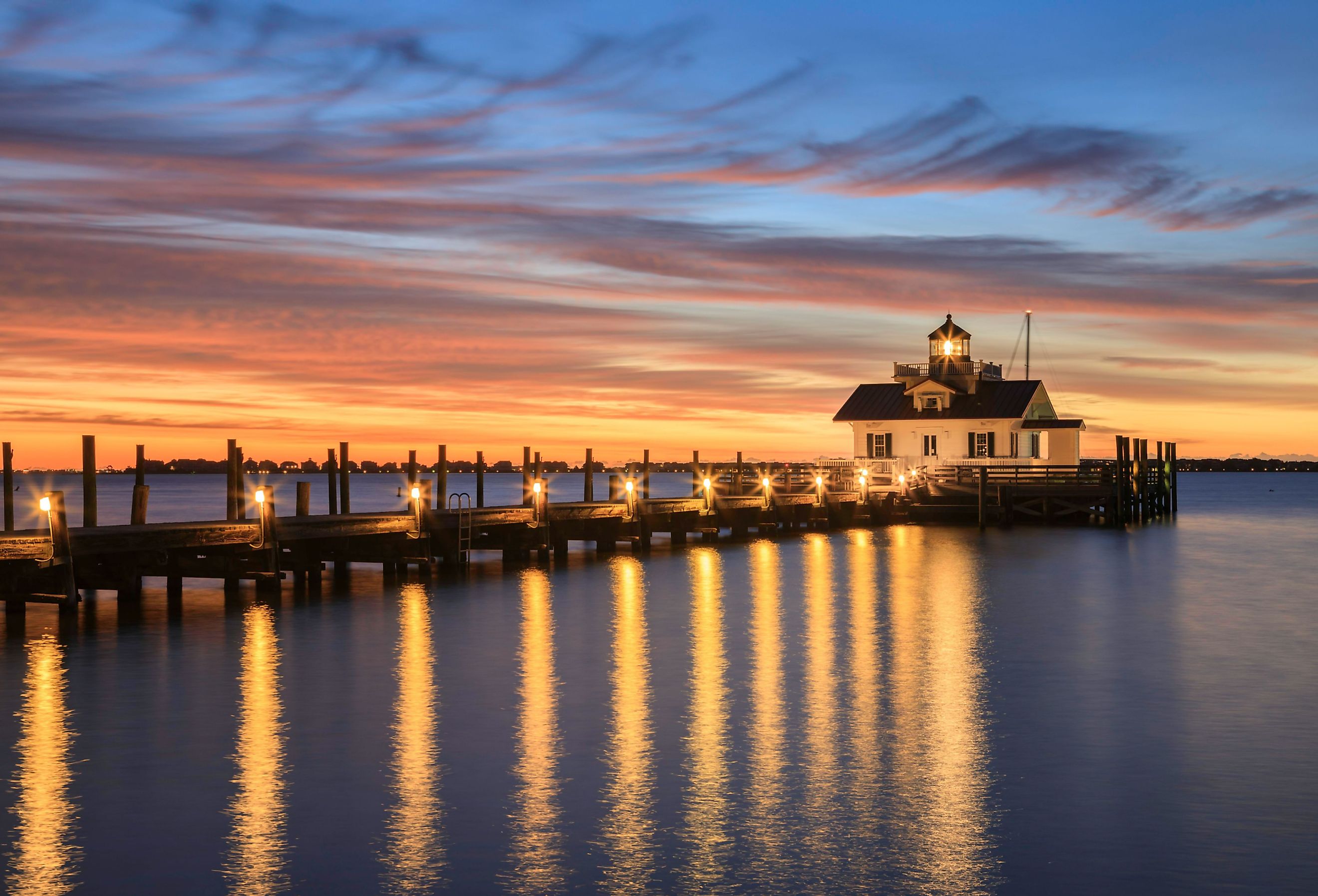 Roanoke Marshes screw-pile lighthouse on Shallowbag Bay in Manteo, North Carolina.