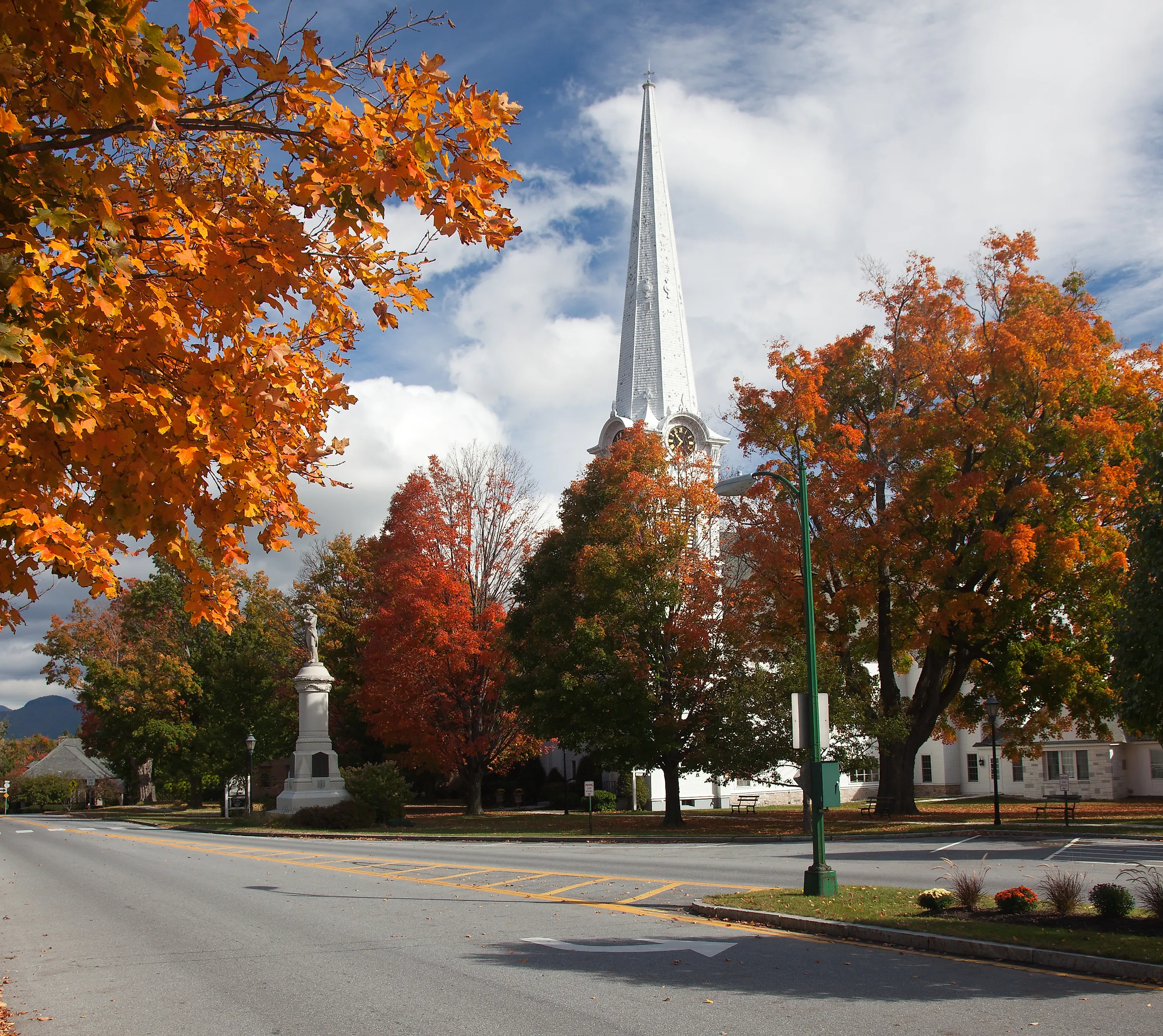 Main Street in Manchester, Vermont, during fall.