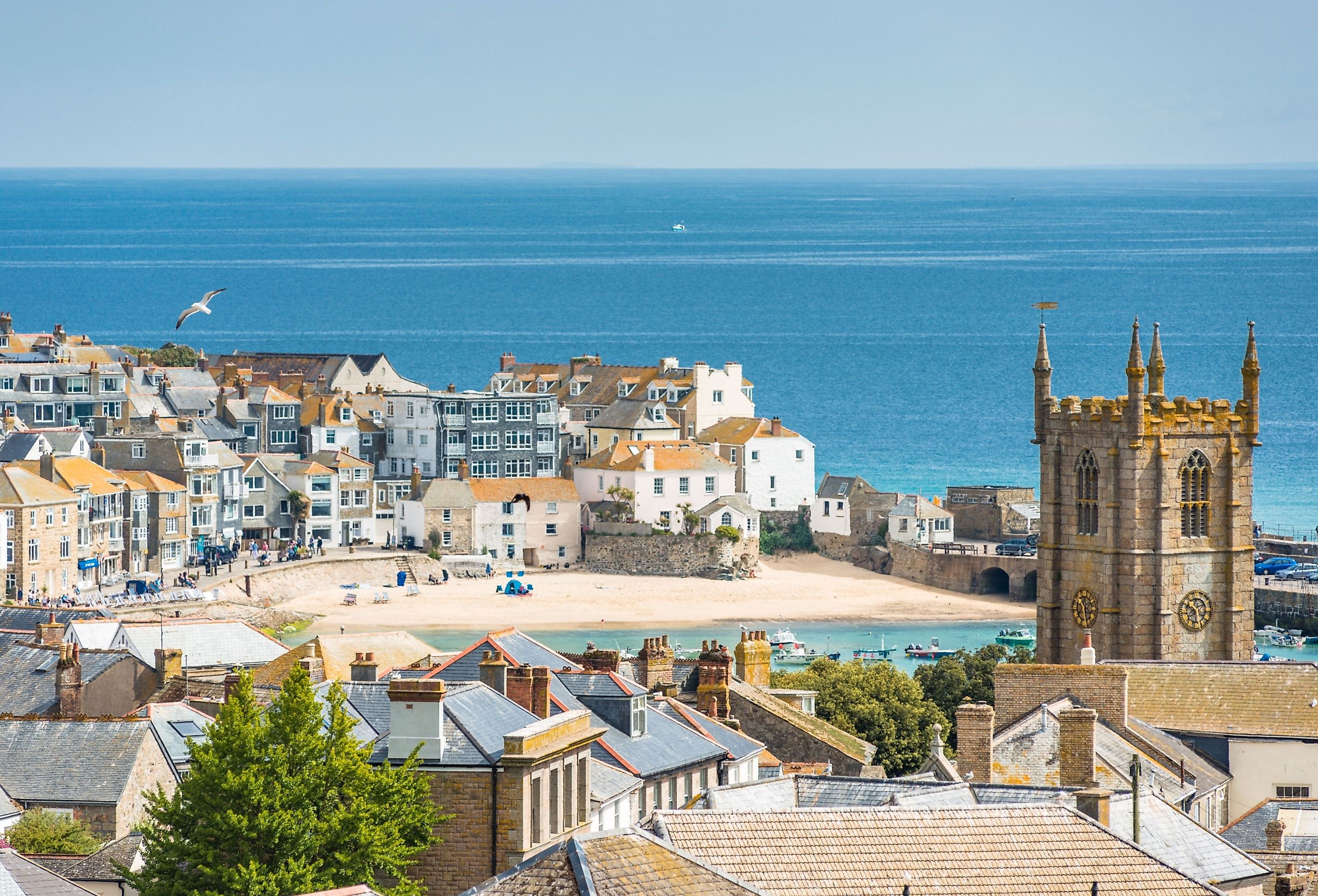 Elevated views over rooftops of St. Ives in Cornwall, England, United Kingdom, Europe