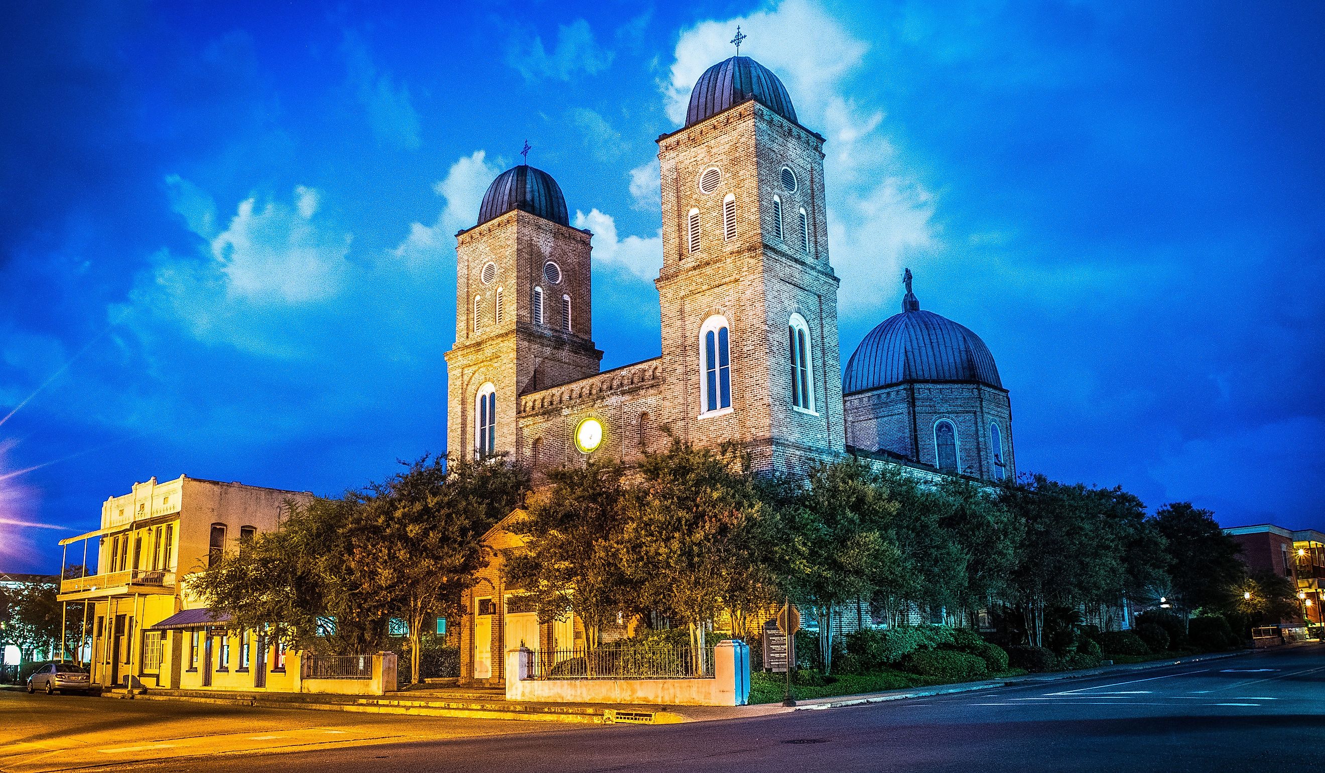 Light trails at the Minor Basilica in Natchitoches, Louisiana.