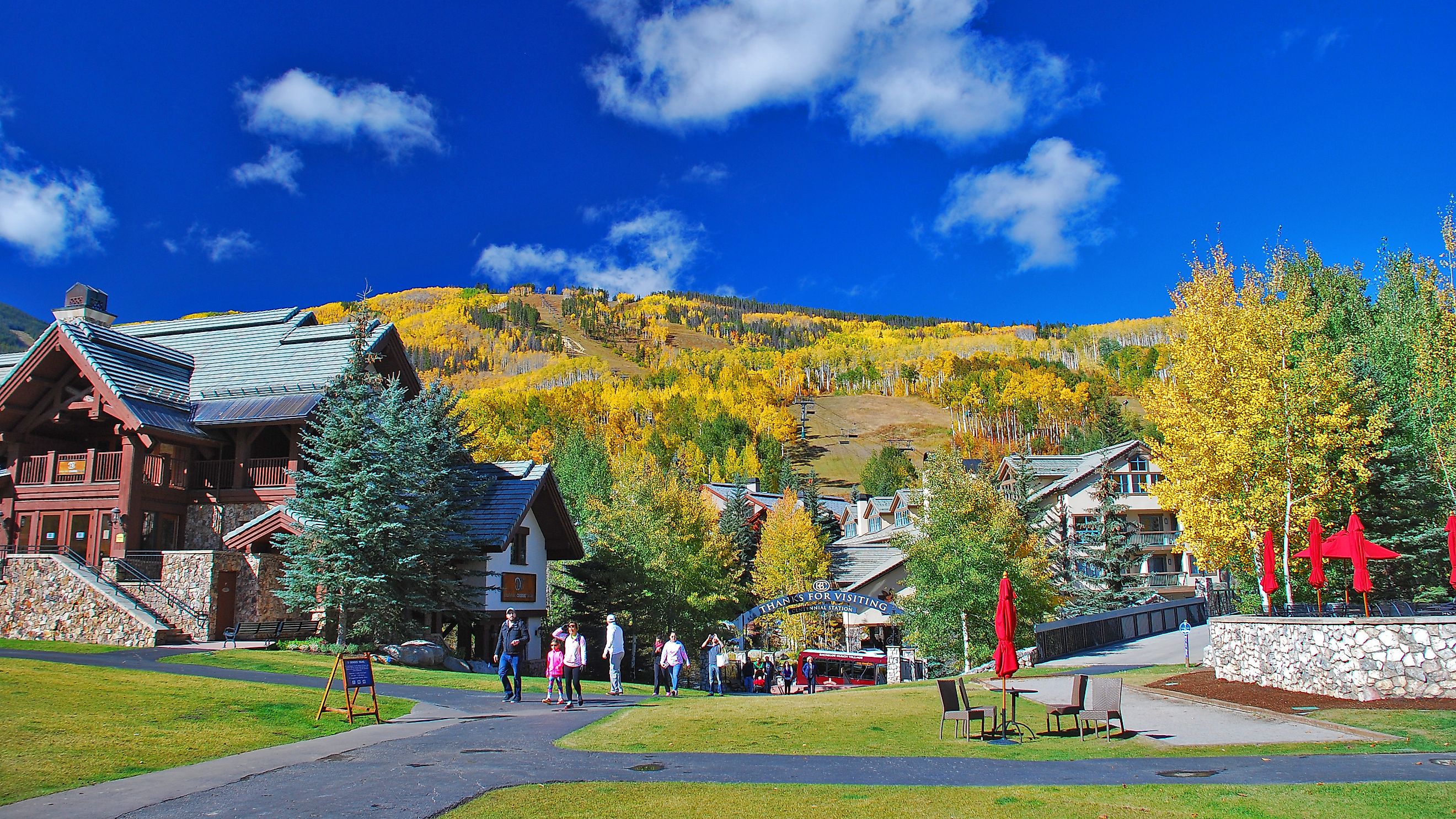 Families enjoying the fall colors at Beaver Creek Resort in Avon, Colorado. Editorial credit: JW_PNW / Shutterstock.com