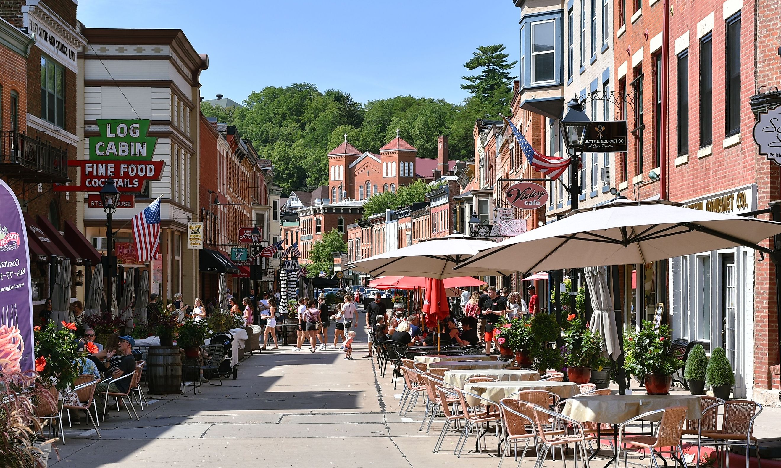 Part of downtown Galena with its shops and restaurants on an extremely warm day, via Ben Harding / Shutterstock.com