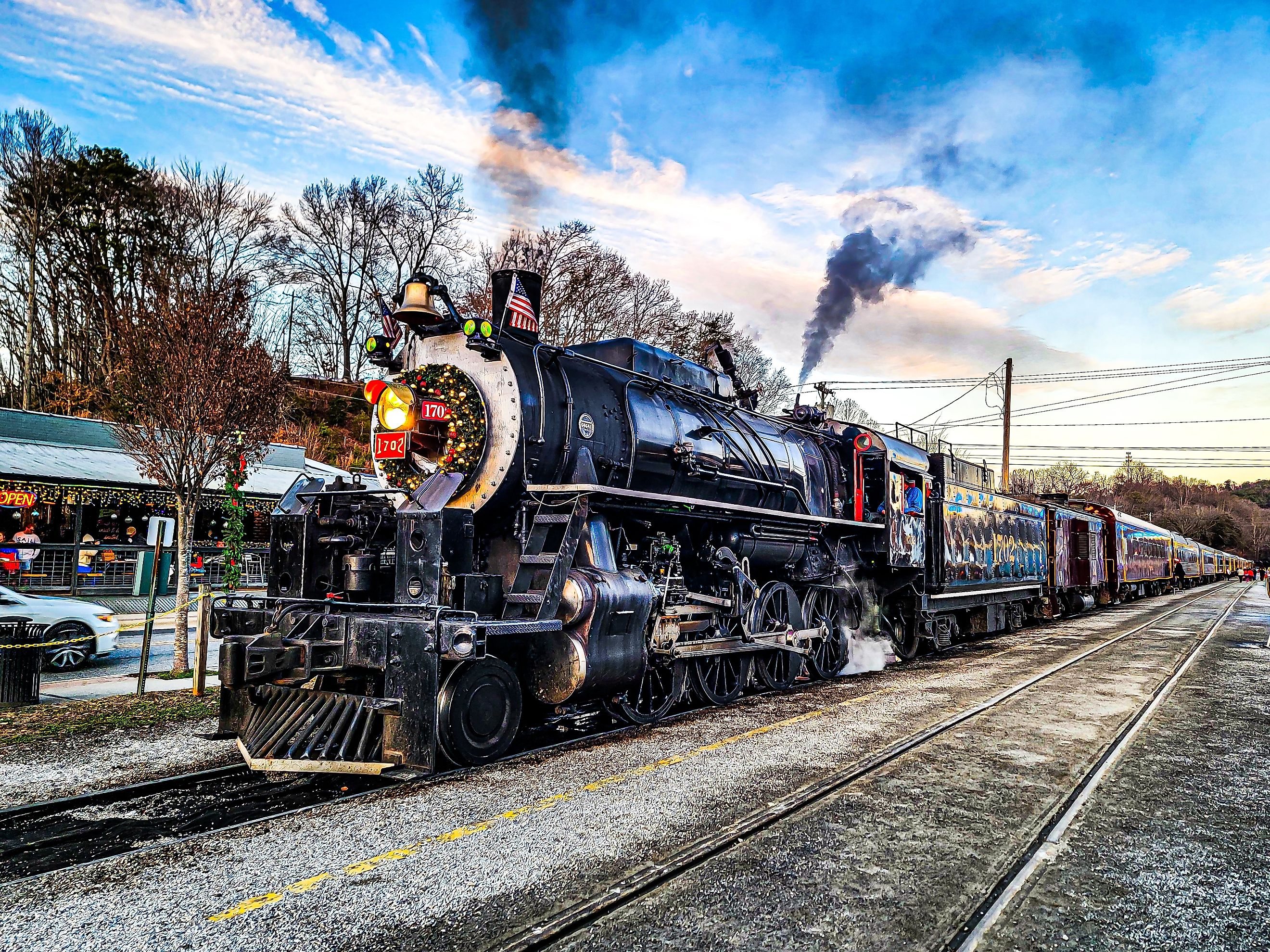 A train prepares to depart for the Polar Express ride on the Great Smoky Mountains Railroad in Bryson City, North Carolina. Editorial credit: VioletSkyAdventures / Shutterstock.com