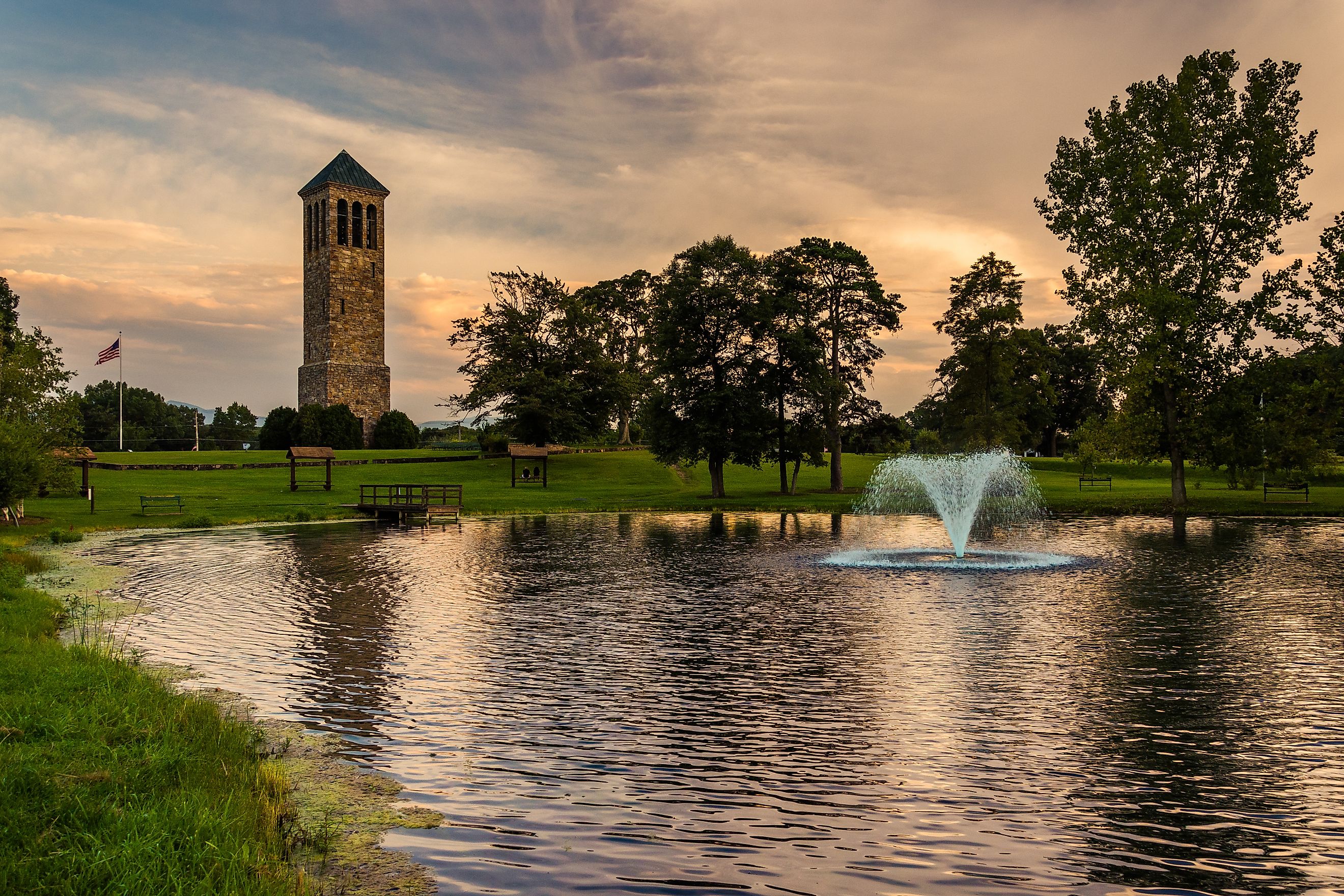 The singing tower and a pond in Carillon Park, Luray, Virginia.