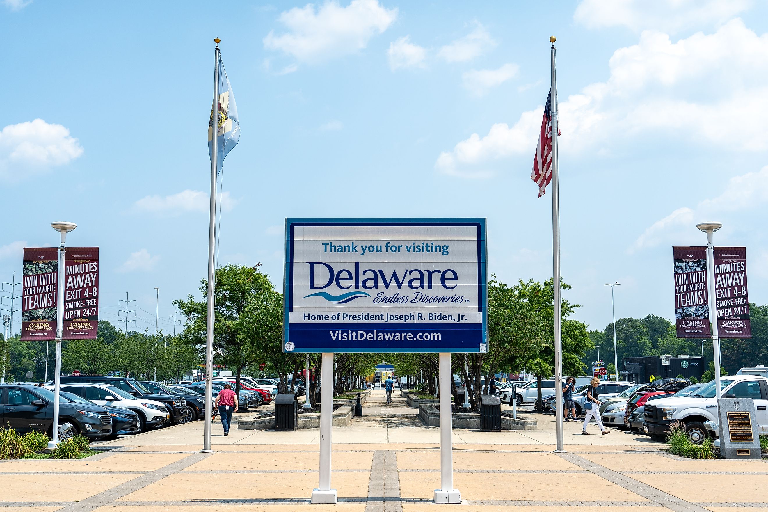 Thank you for visiting Delaware sign at the Biden Welcome Center in Newark, Delaware. Editorial credit: Rosemarie Mosteller / Shutterstock.com.