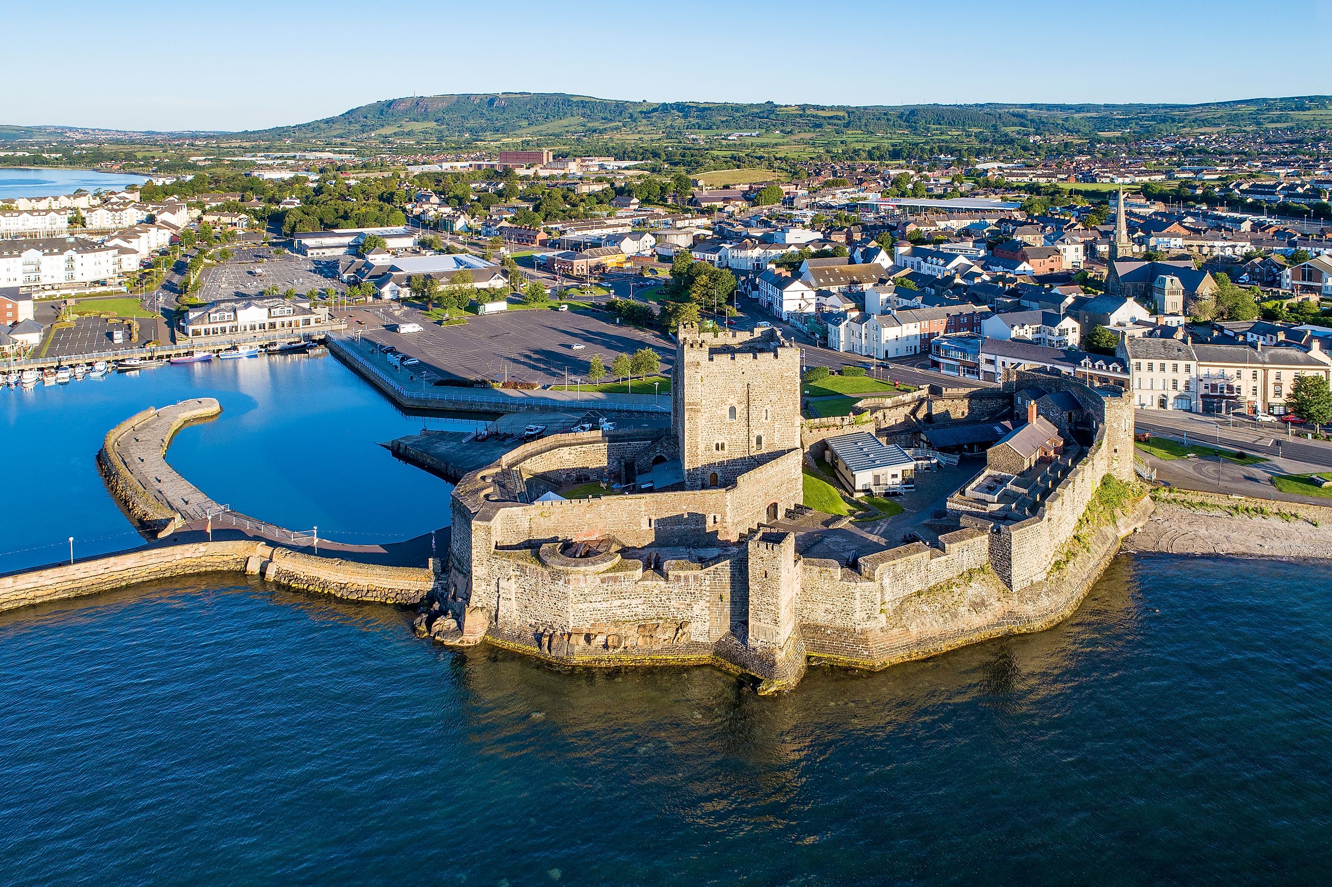 Aerial view of the medieval Norman castle in Carrickfergus, near Belfast.