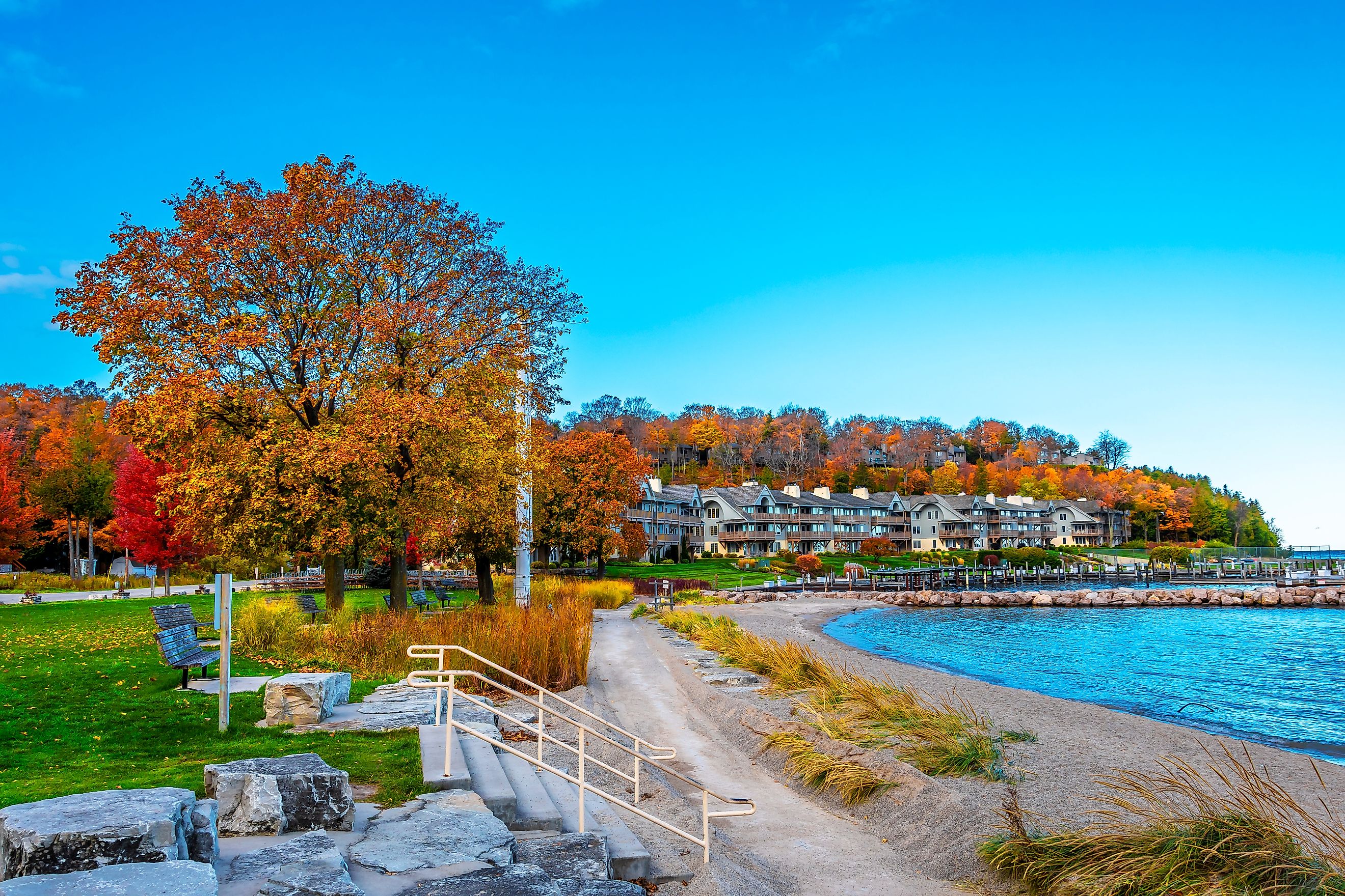 Coastline view of Sister Bay, Door County, Wisconsin, highlighting the picturesque shorelines and natural beauty of the area.