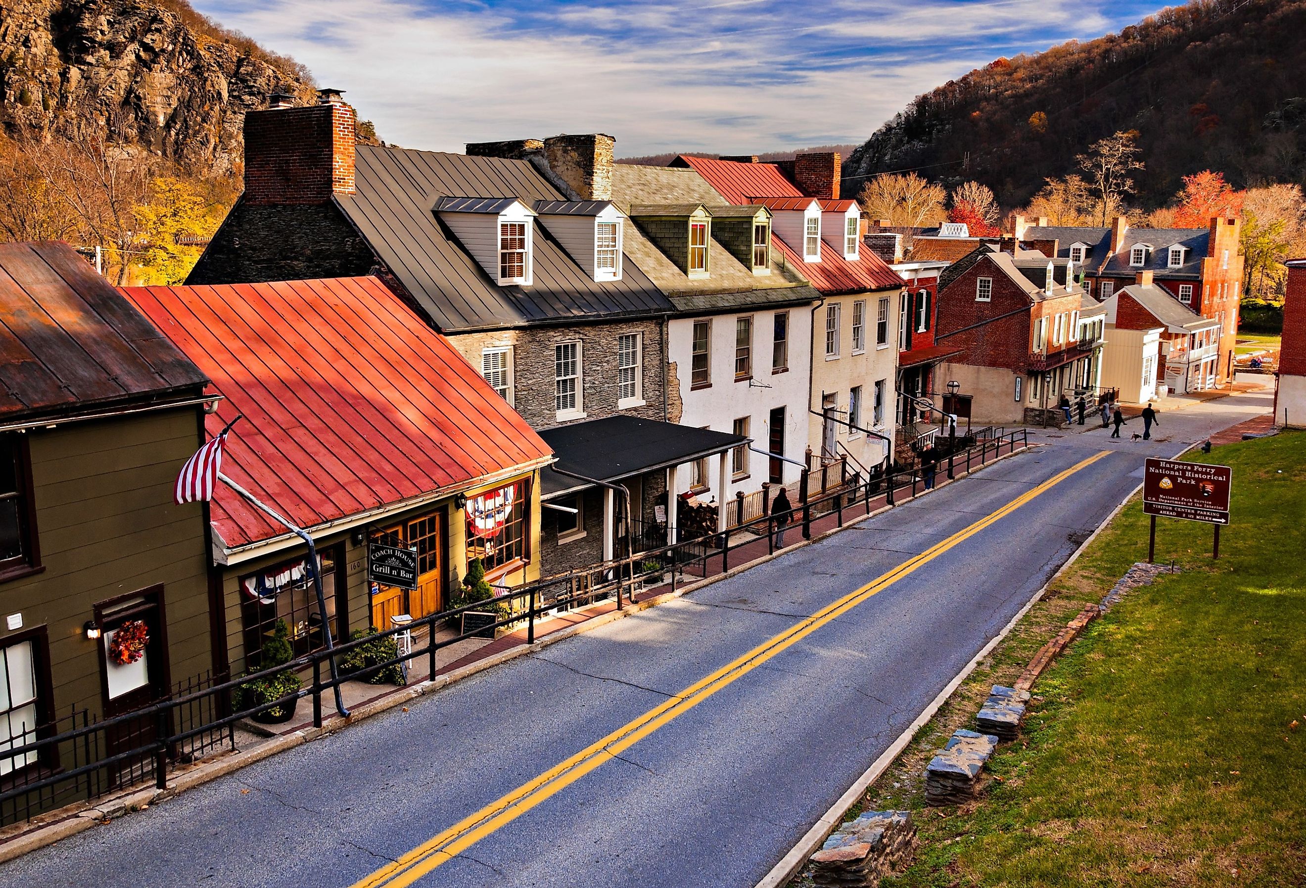 Historic buildings and shops on High Street in Harper's Ferry, West Virginia.