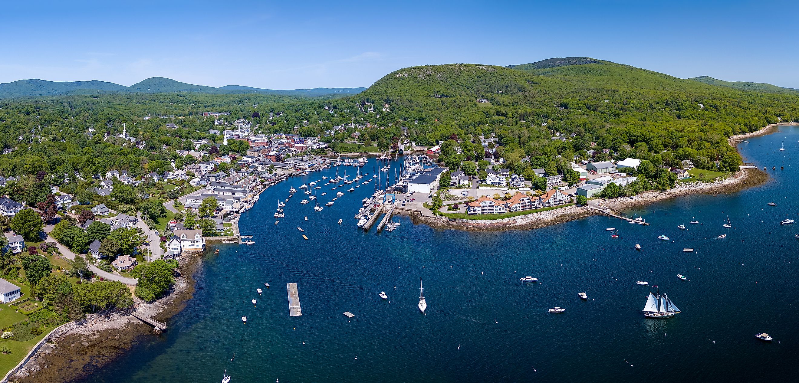 Aerial view of the Atlantic coast along Camden in Maine.