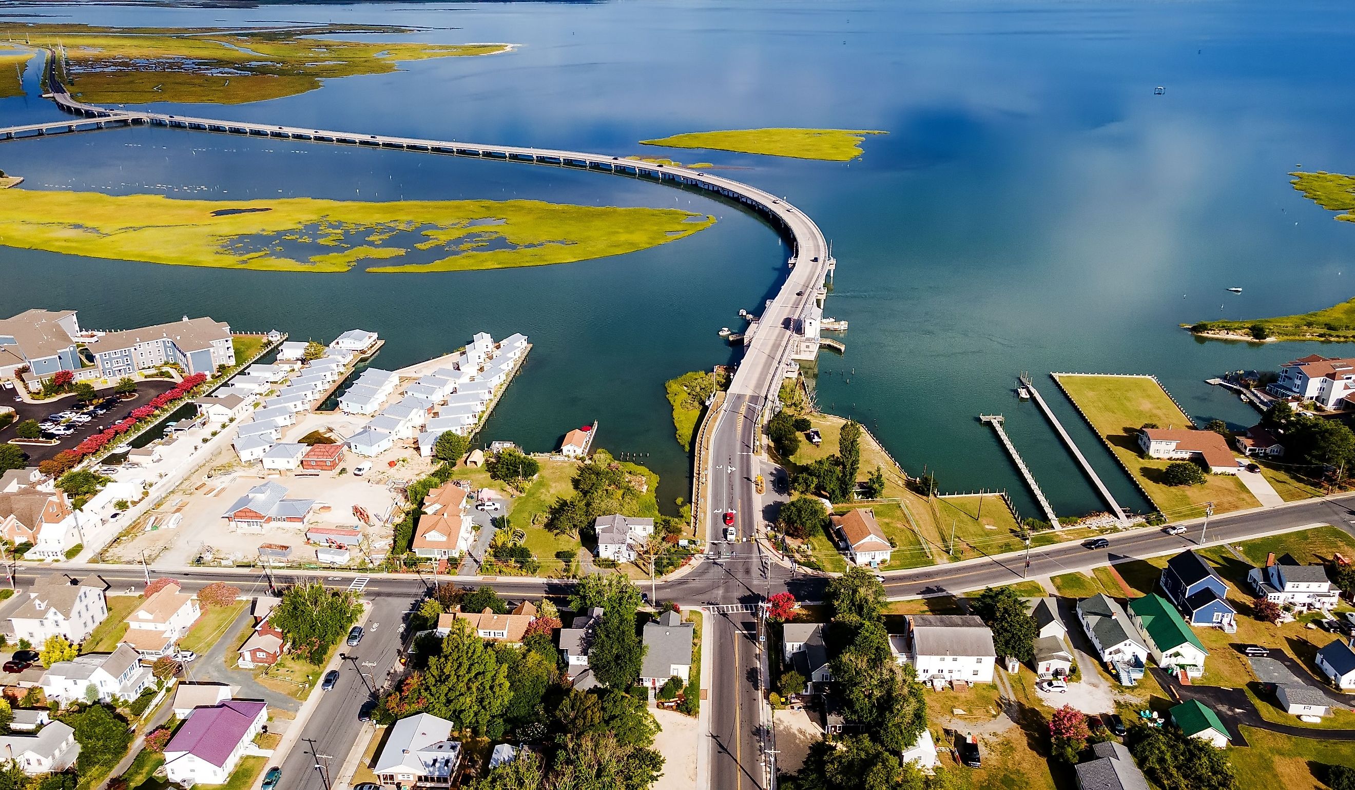 Chincoteague bridge across the Chincoteague Bay in Virginia and views of the waterfront. 