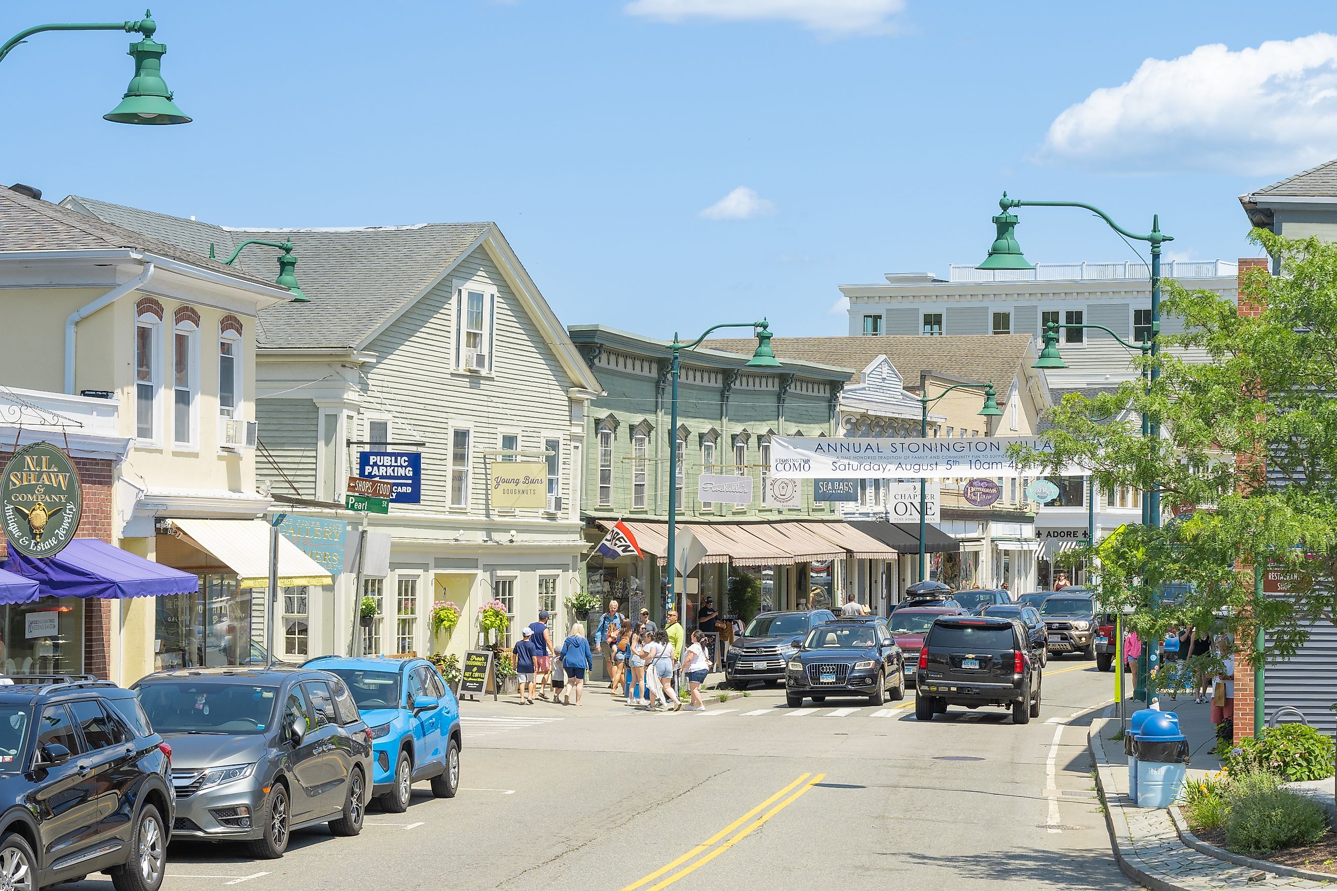 Buildings lined along Main Street in Mystic, Connecticut. Editorial credit: Actium / Shutterstock.com