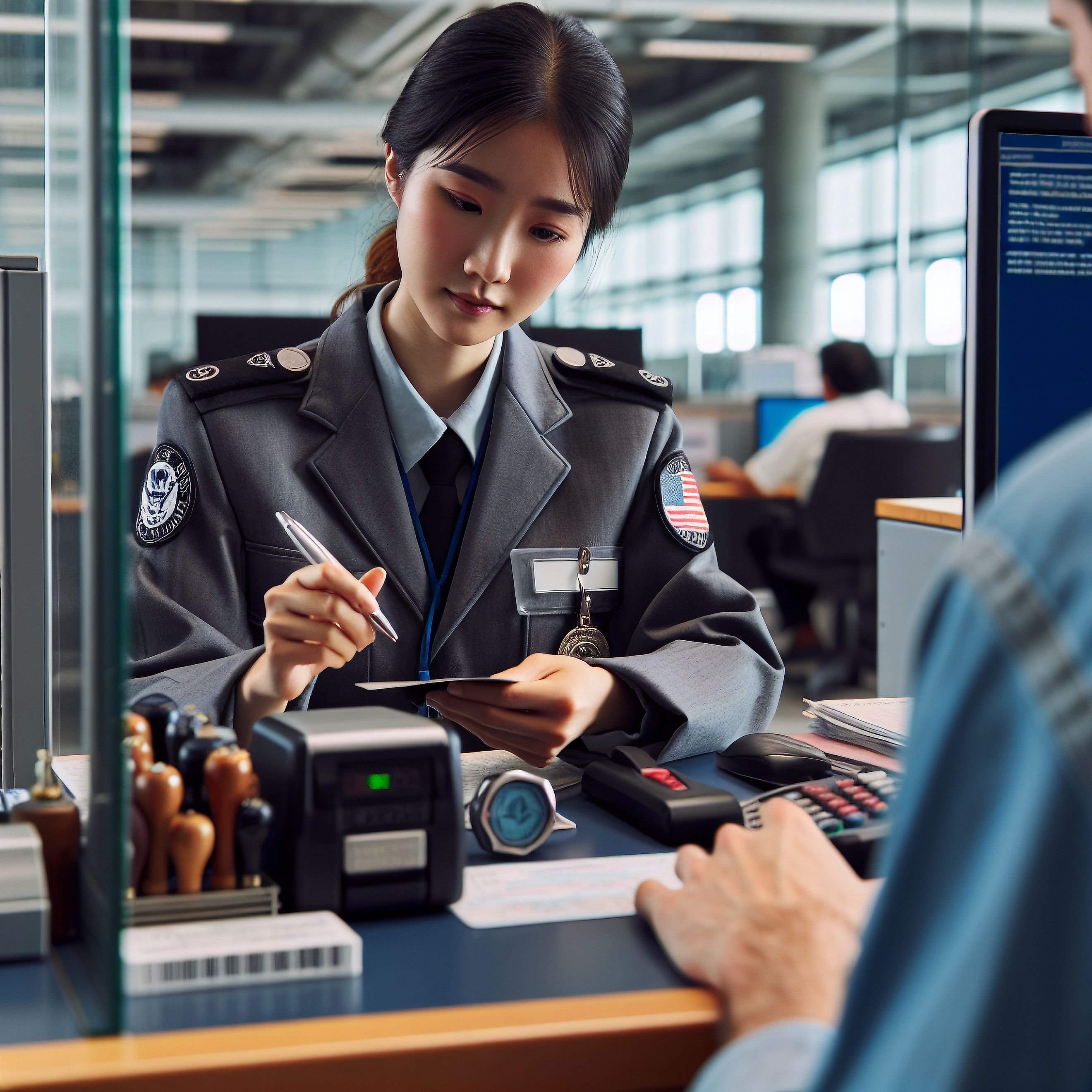 Customs agent reviewing a passport 