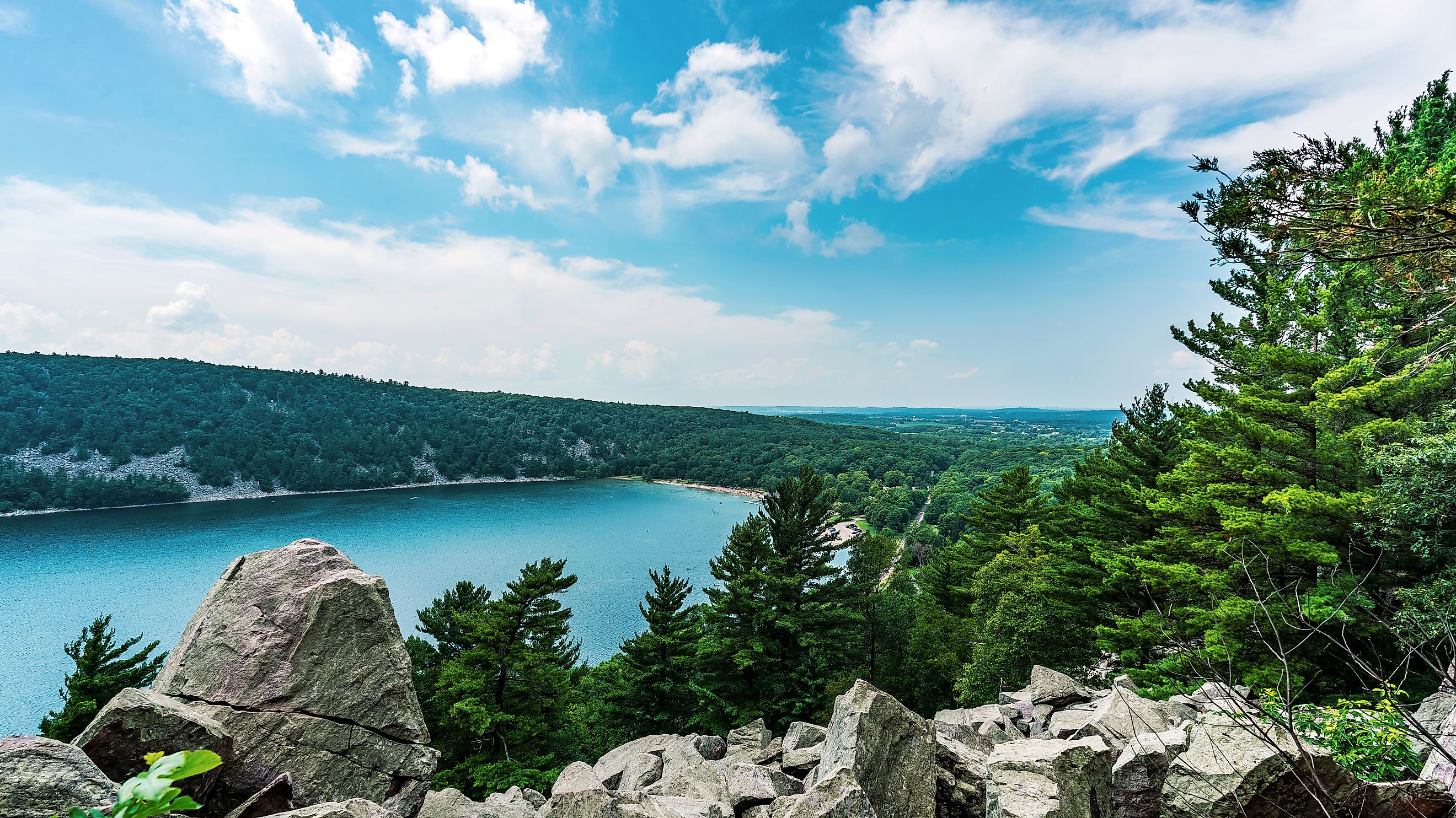 Aerial view of Devil's Lake from the East Bluff Trail in Wisconsin.