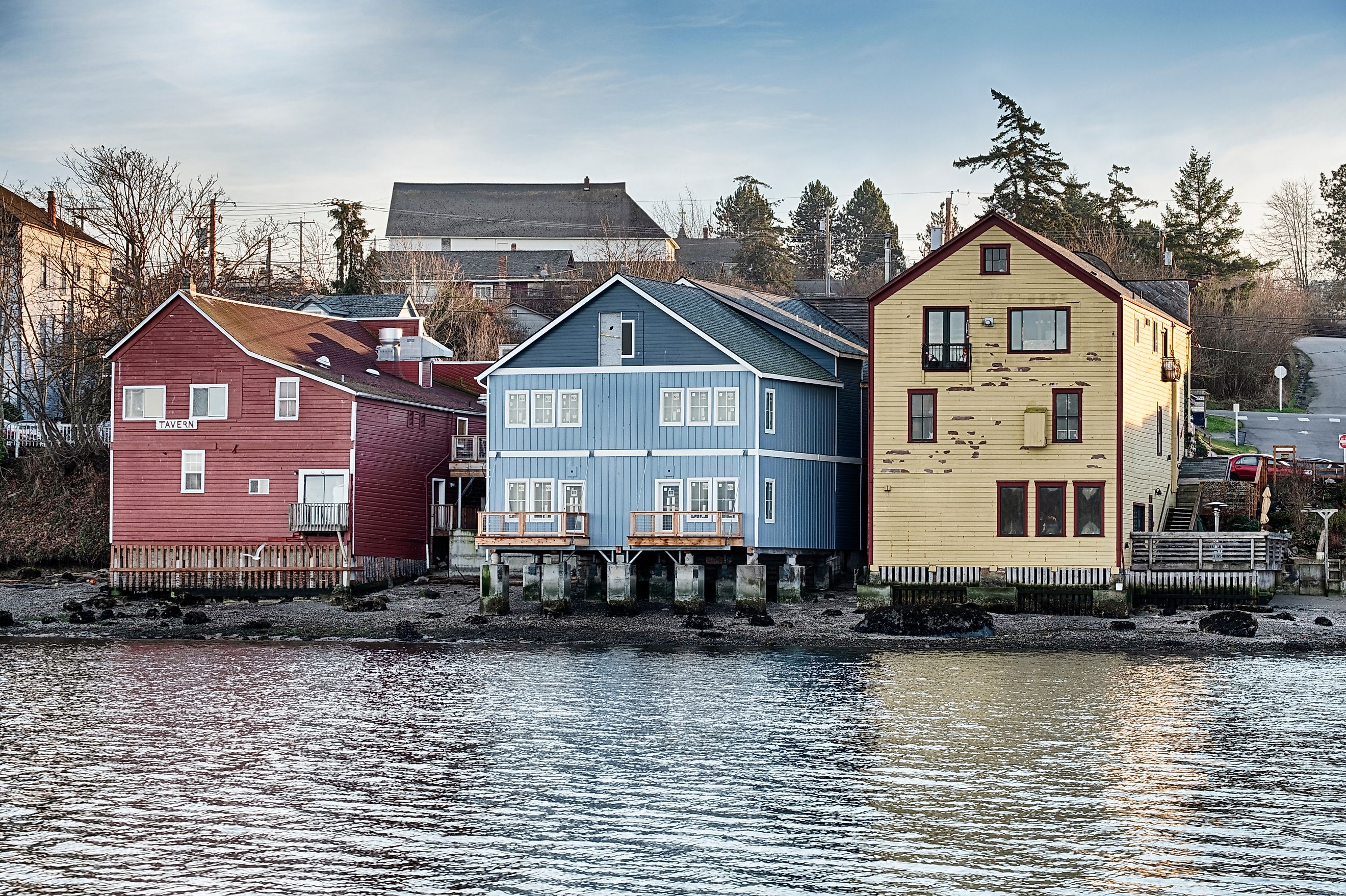 Waterfront buildings in the town of Coupeville in Washington.