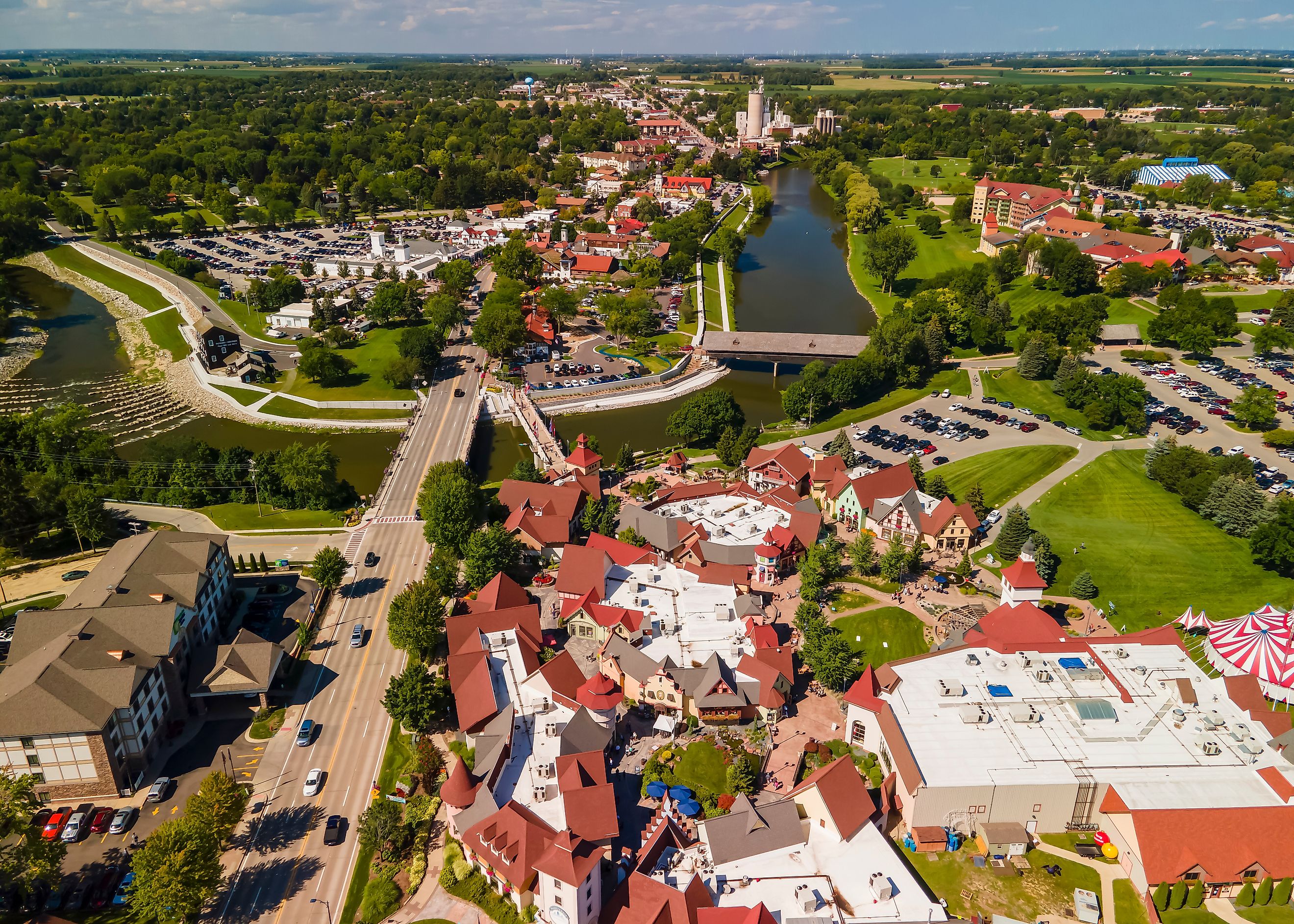 Aerial view of Frankenmuth, Michigan, known for its Bavarian-style architecture.