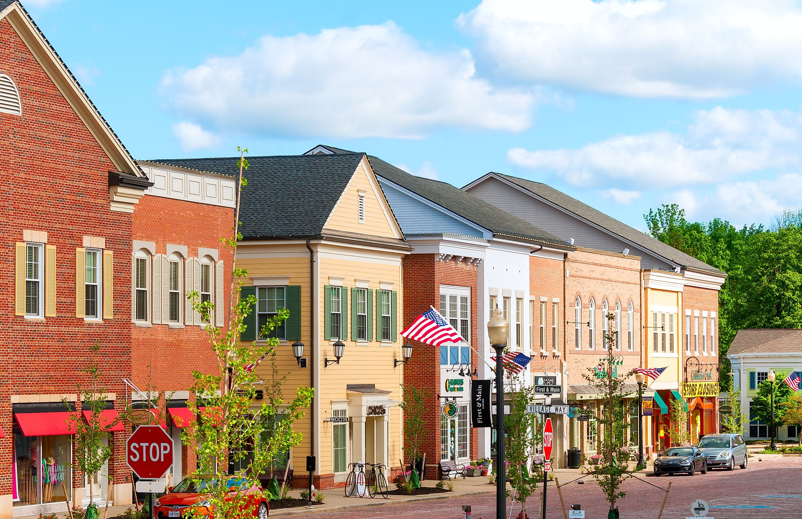 The new retail district in Hudson, Ohio, was given a retro look to match the quaint charm of the village's original Main Street area one block away. Editorial credit: Kenneth Sponsler / Shutterstock.com