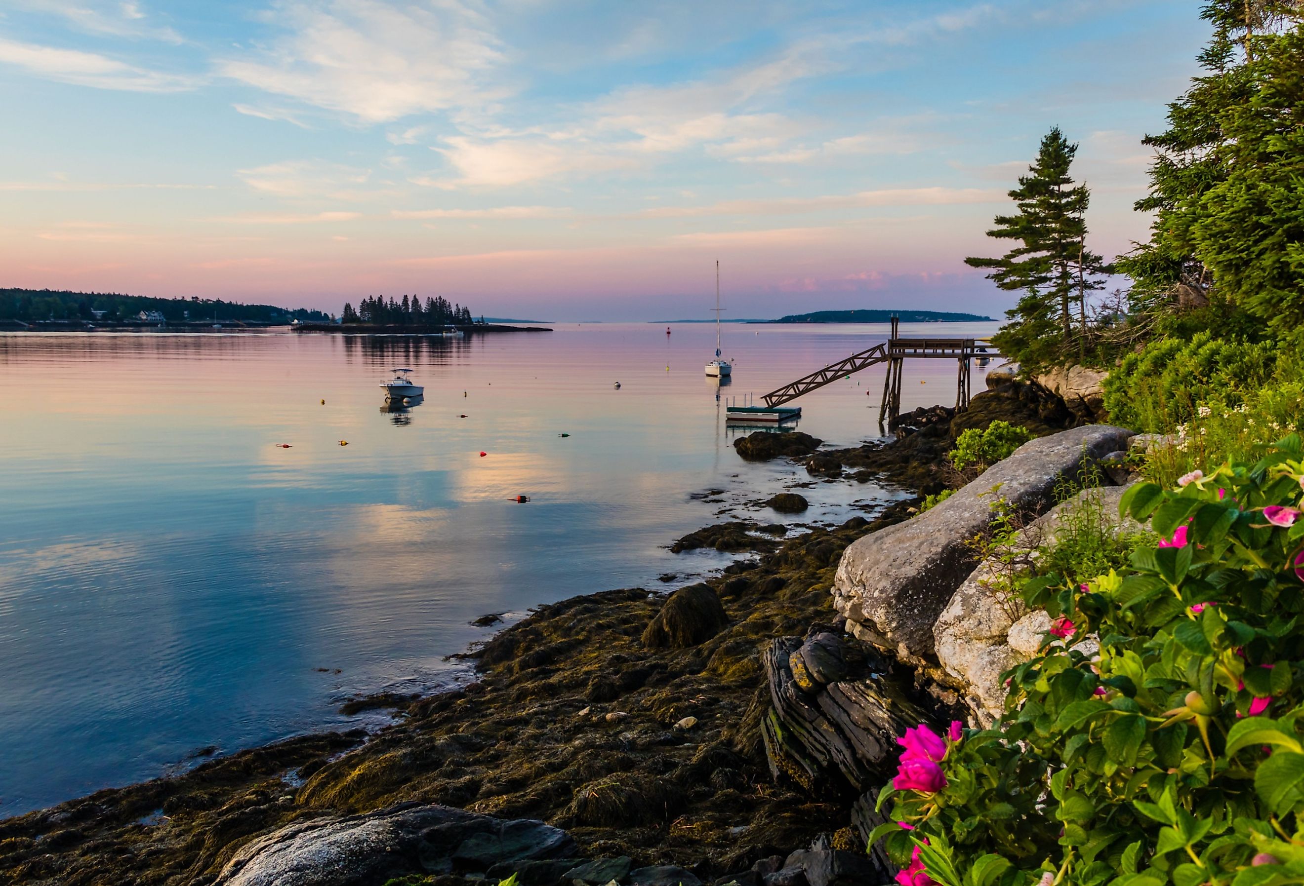 Boothbay Harbor Marina, Maine, at sunrise in the summer.