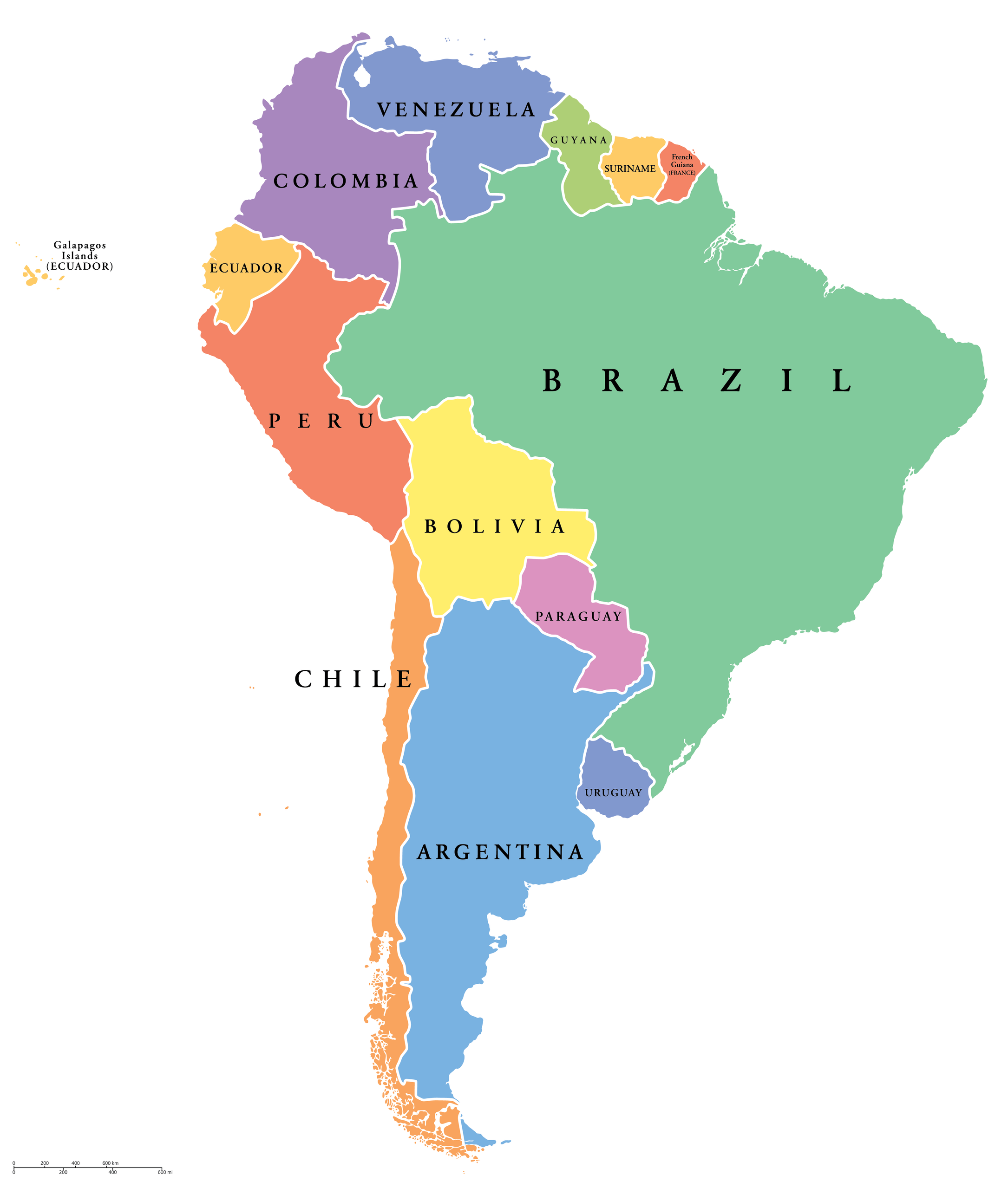 Mapa de Chile, Argentina, Uruguay, Paraguay y Brasil.