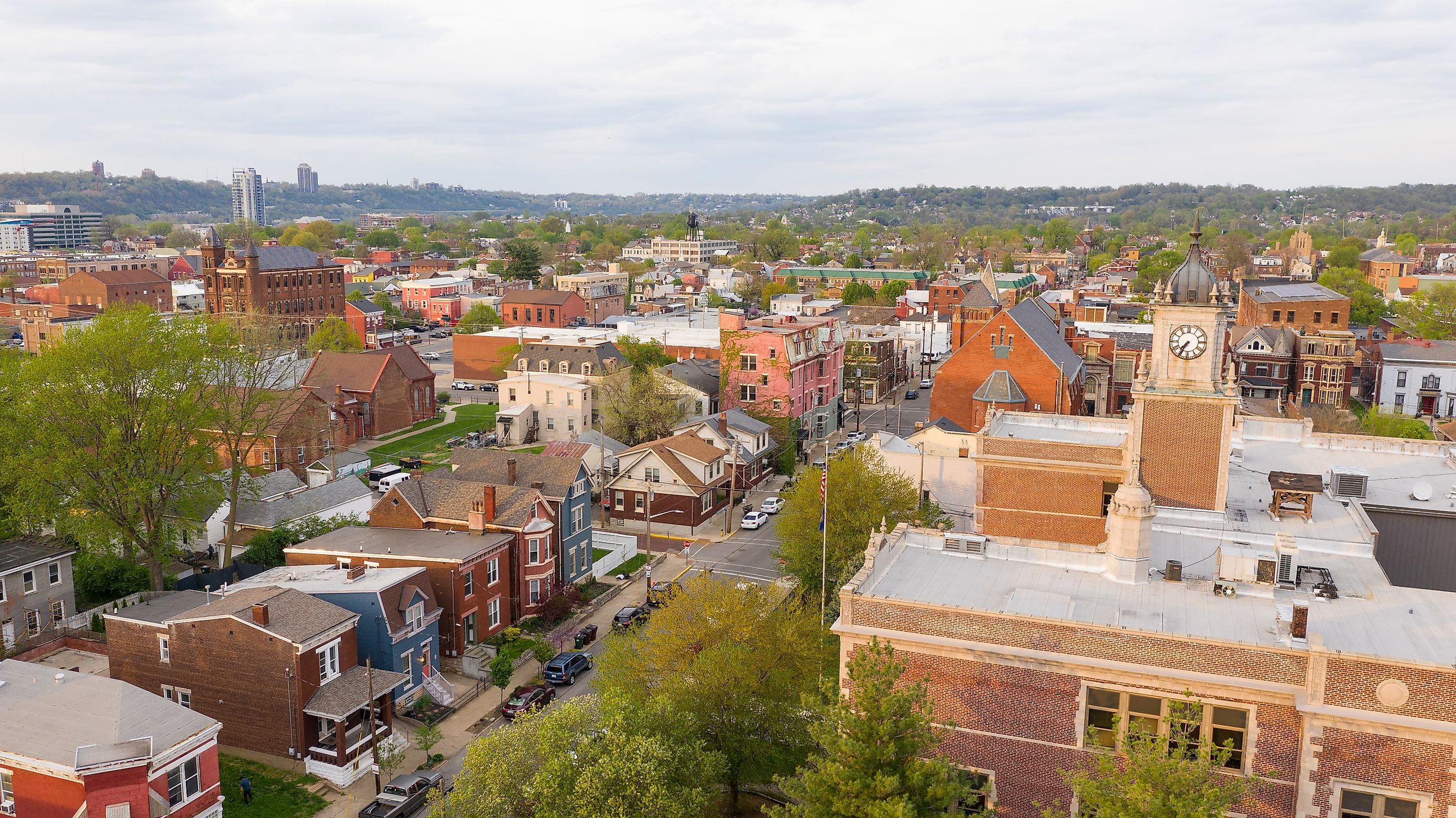 Aerial view of historic buildings in Newport, Kentucky.