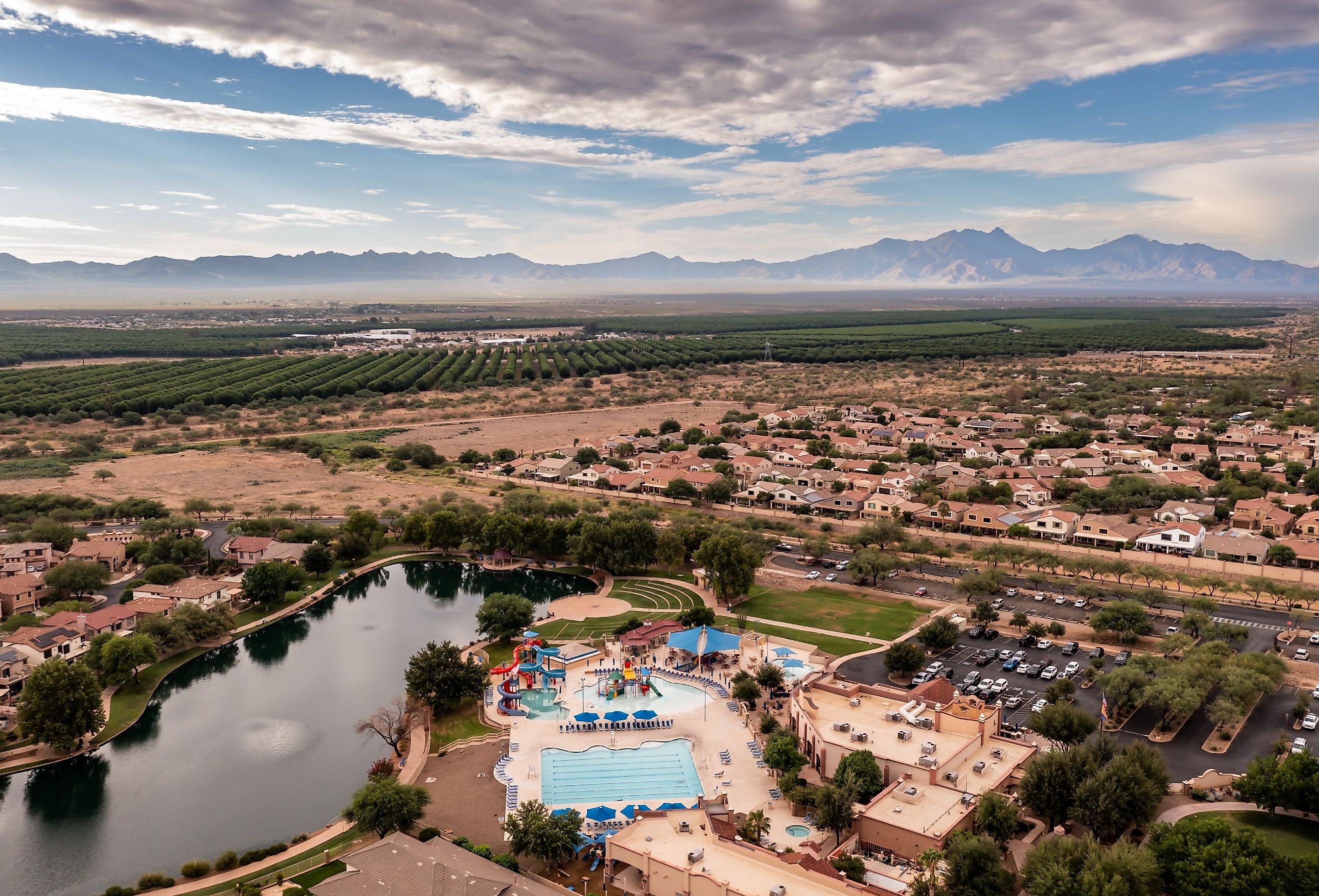 Sahuarita Lake in Arizona near Tucson residential neighborhood suburbs.