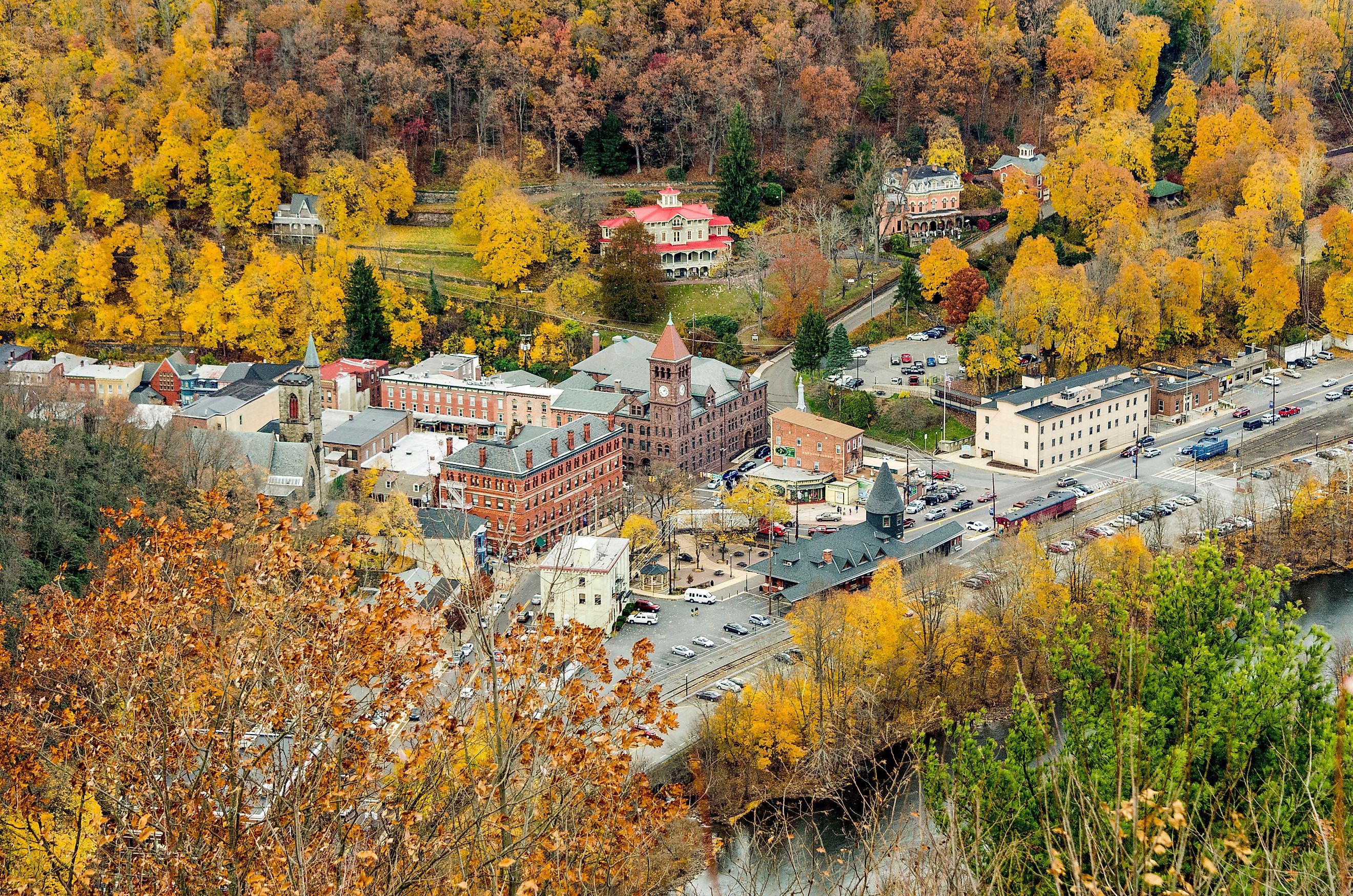 Aerial view of Jim Thorpe, Pennsylvania and surrounding forests.