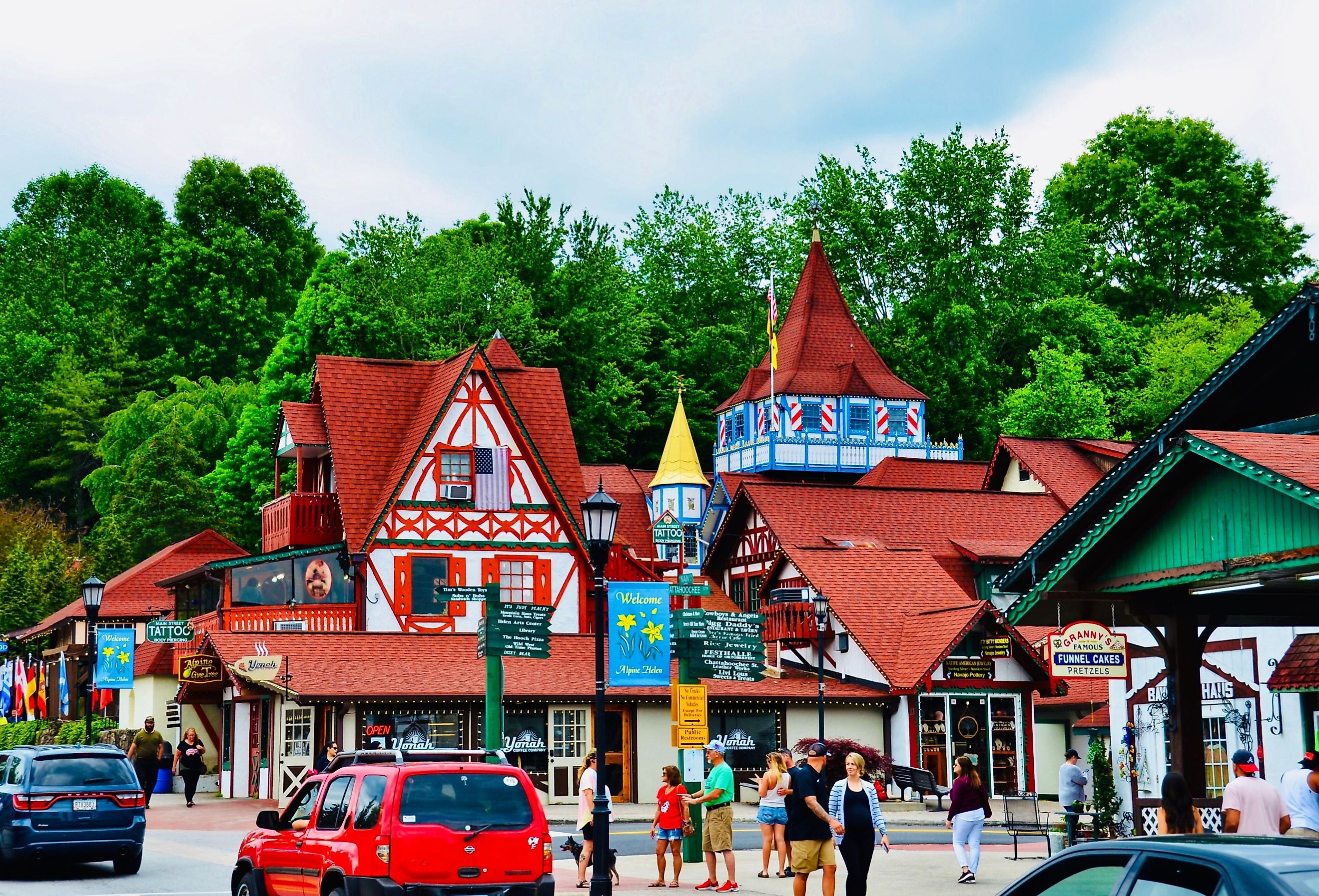 Cityscape with the well known Bavarian-style buildings in Helen. Image credit PQK via Shutterstock.