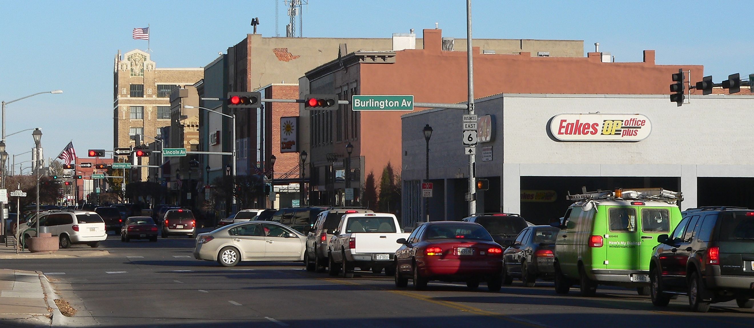 Downtown Hastings, Nebraska: south side of 2nd Street. Camera is facing east-southeast from about Lexington Avenue.