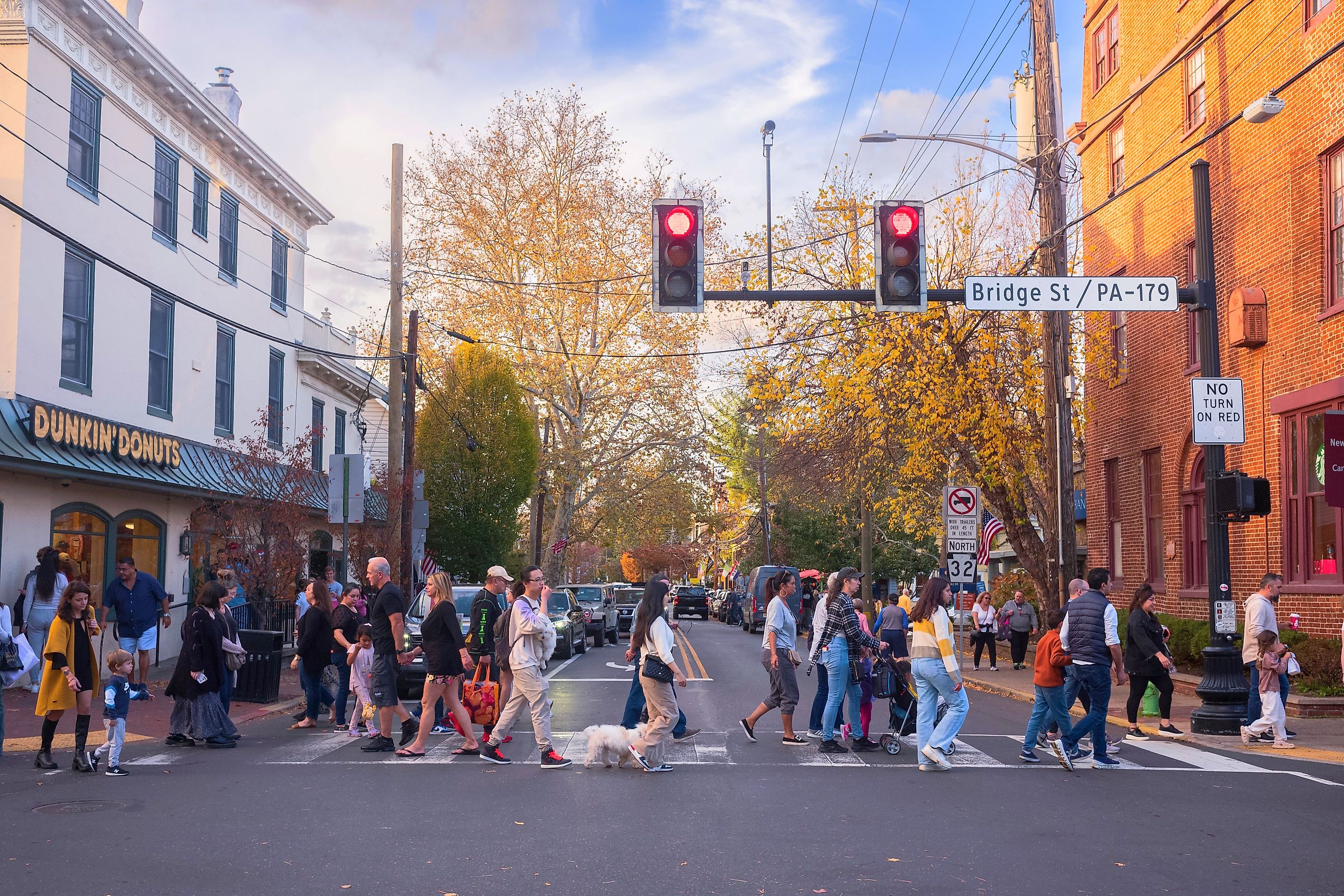  Pedestrians cross Main Street in New Hope, Pennsylvania