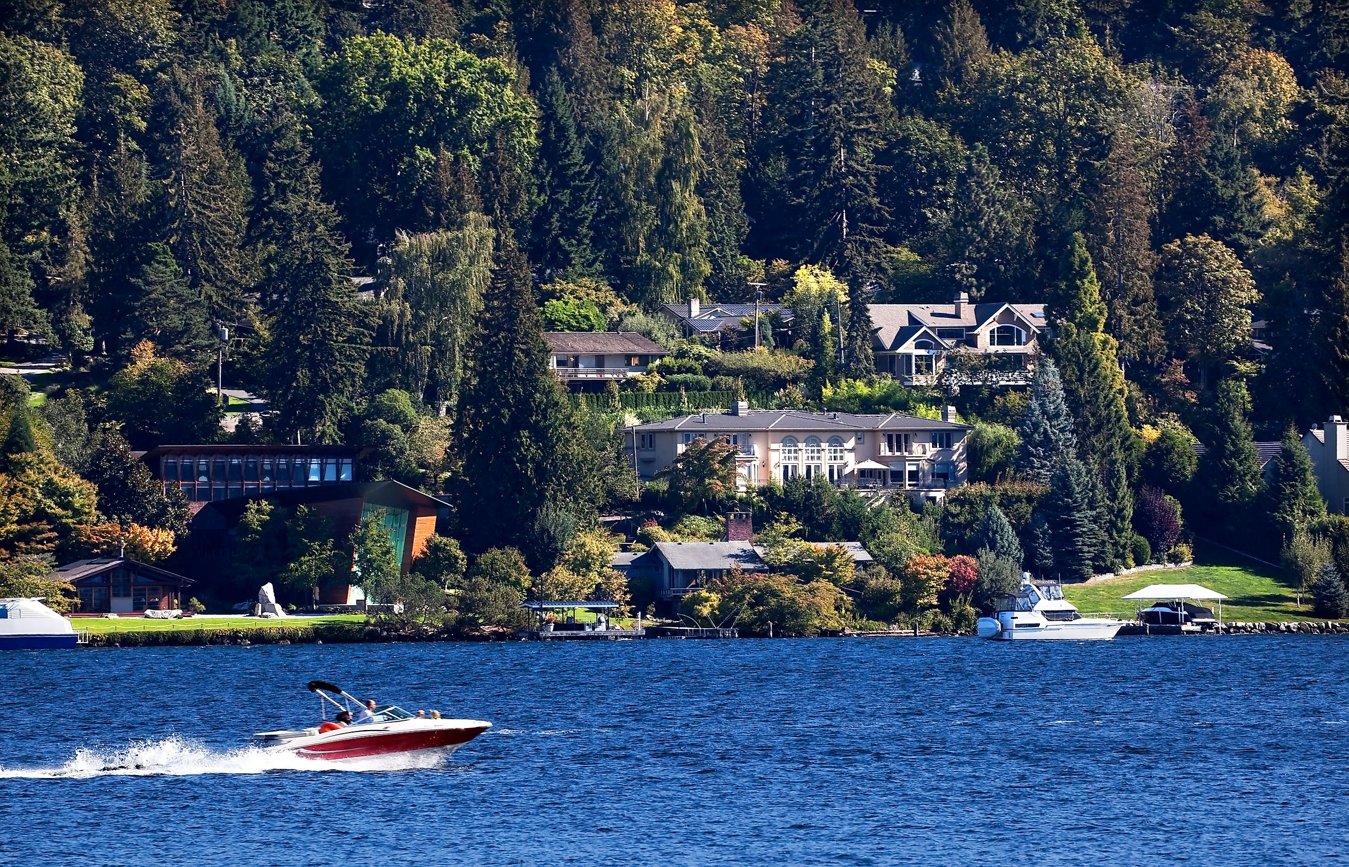 Red Speedboat on Lake, Washington State and, Mercer Island