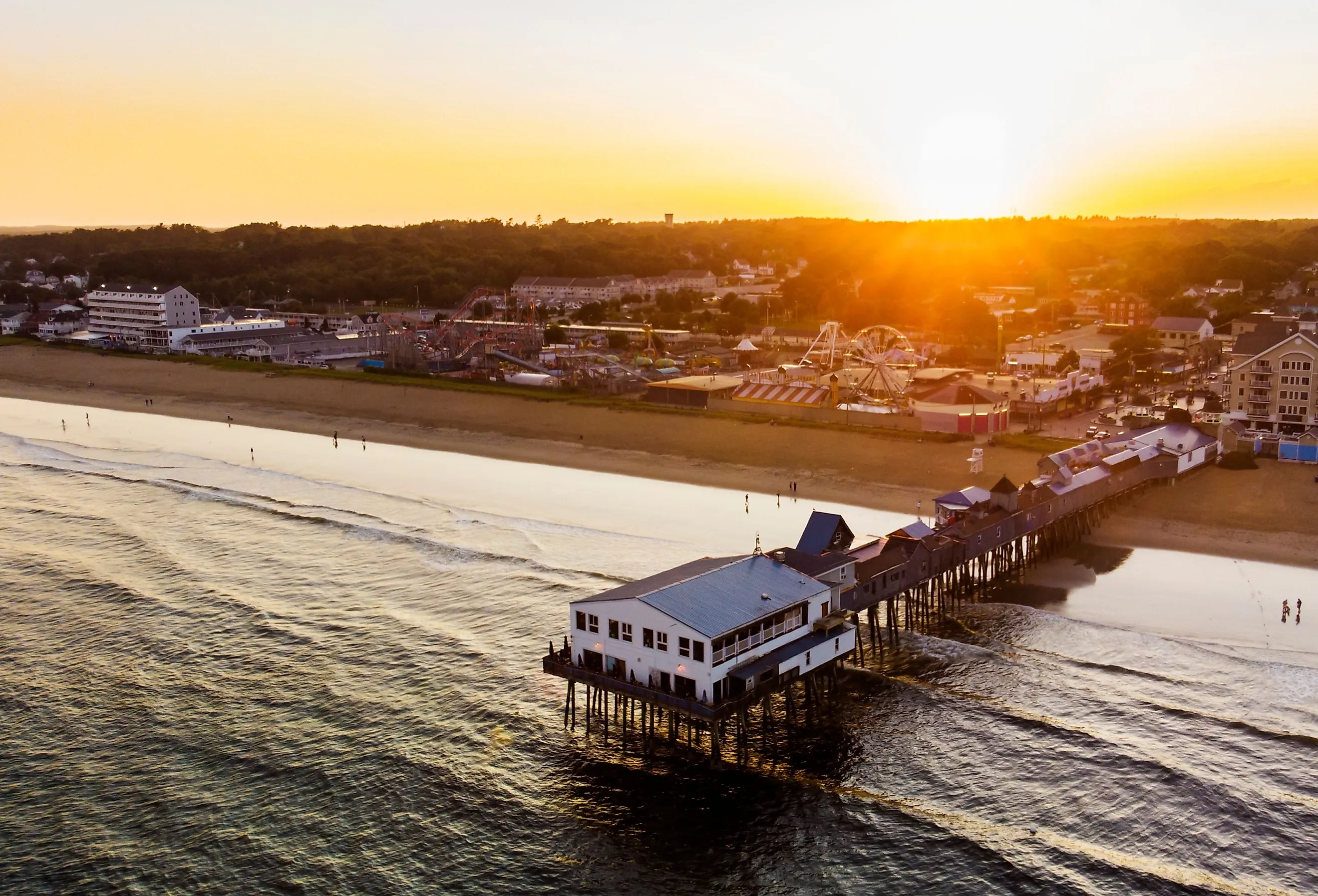 Old Orchard beach at sunset, aerial view