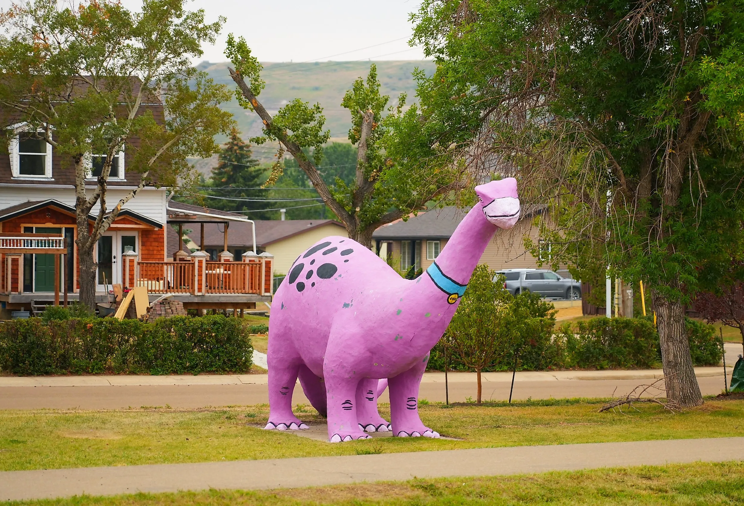 Fiberglass sculpture of a pink diplodocus in Drumheller, Alberta, Canada. Image credit Alexandre.ROSA via Shutterstock