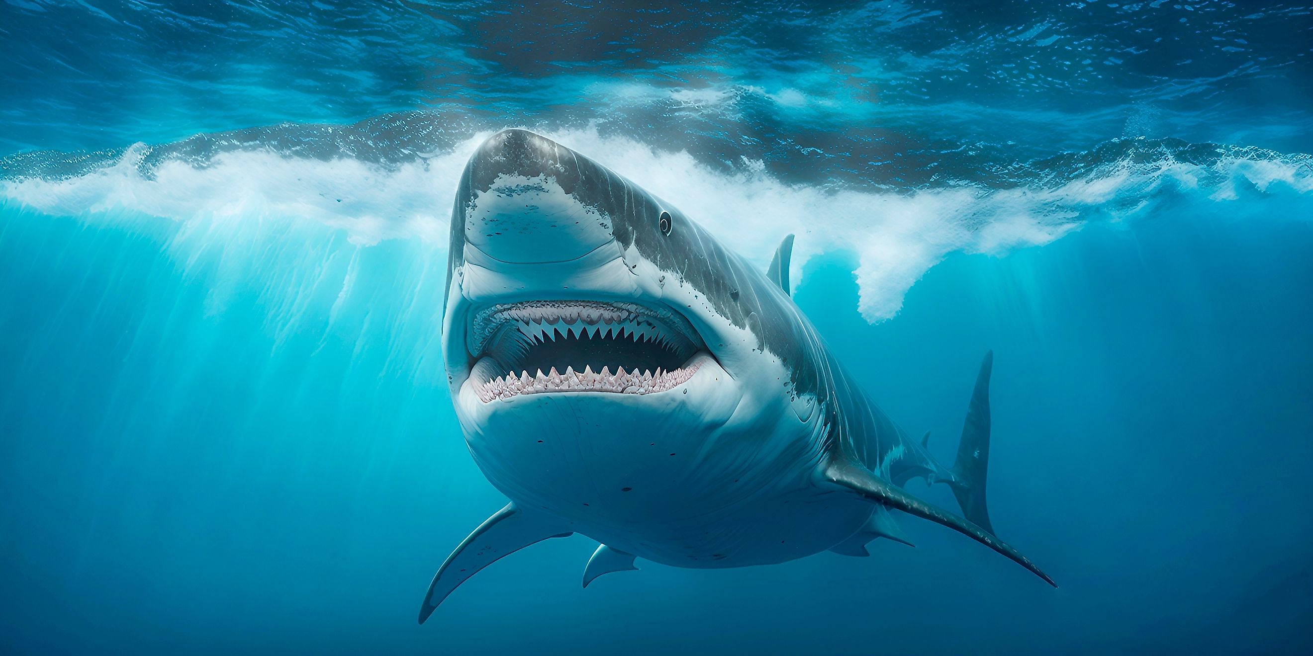 View of a menacing great white shark from the front.