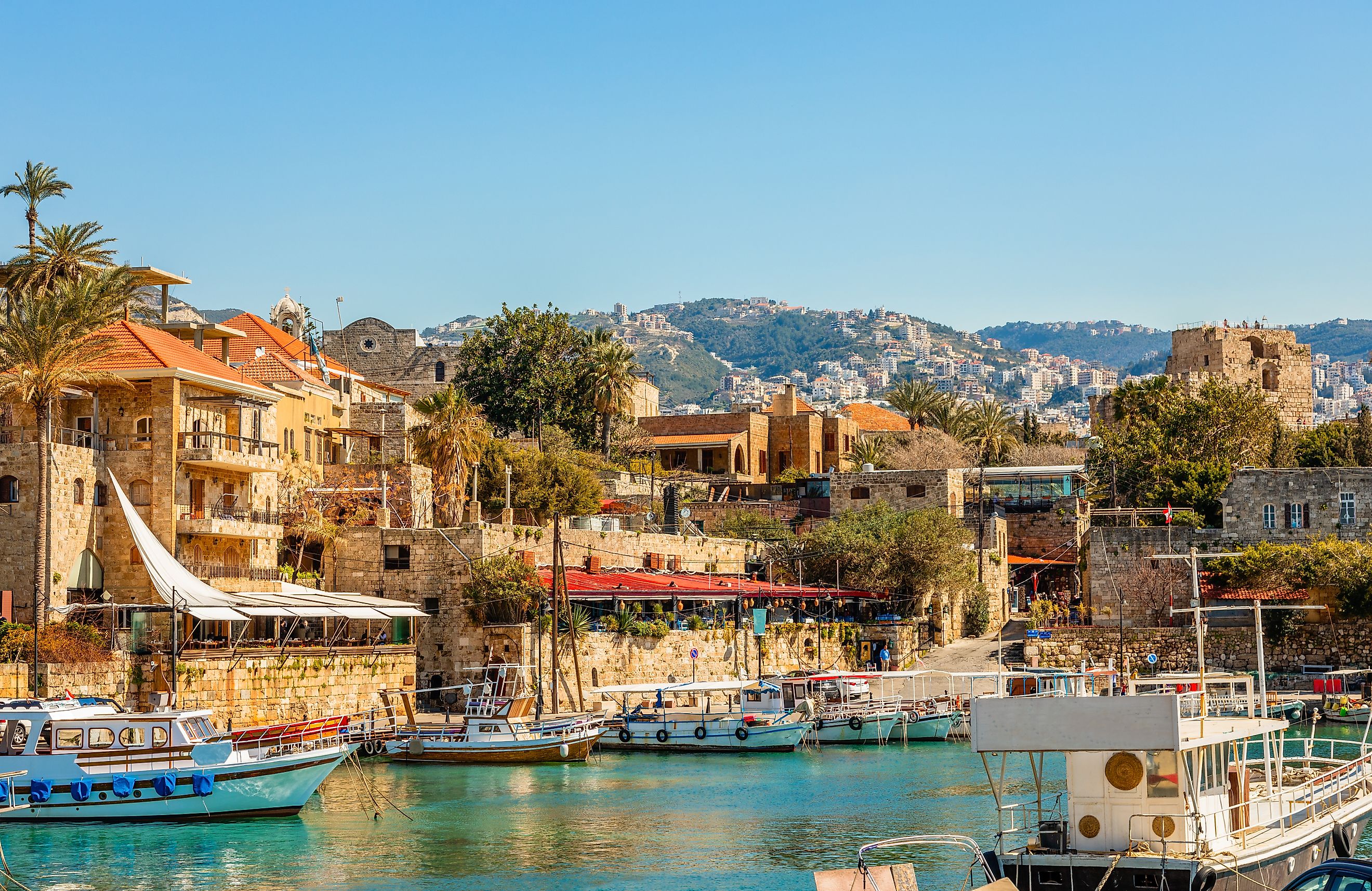 Jbeil port lagoon with anchored fishing boats, Byblos, Lebanon