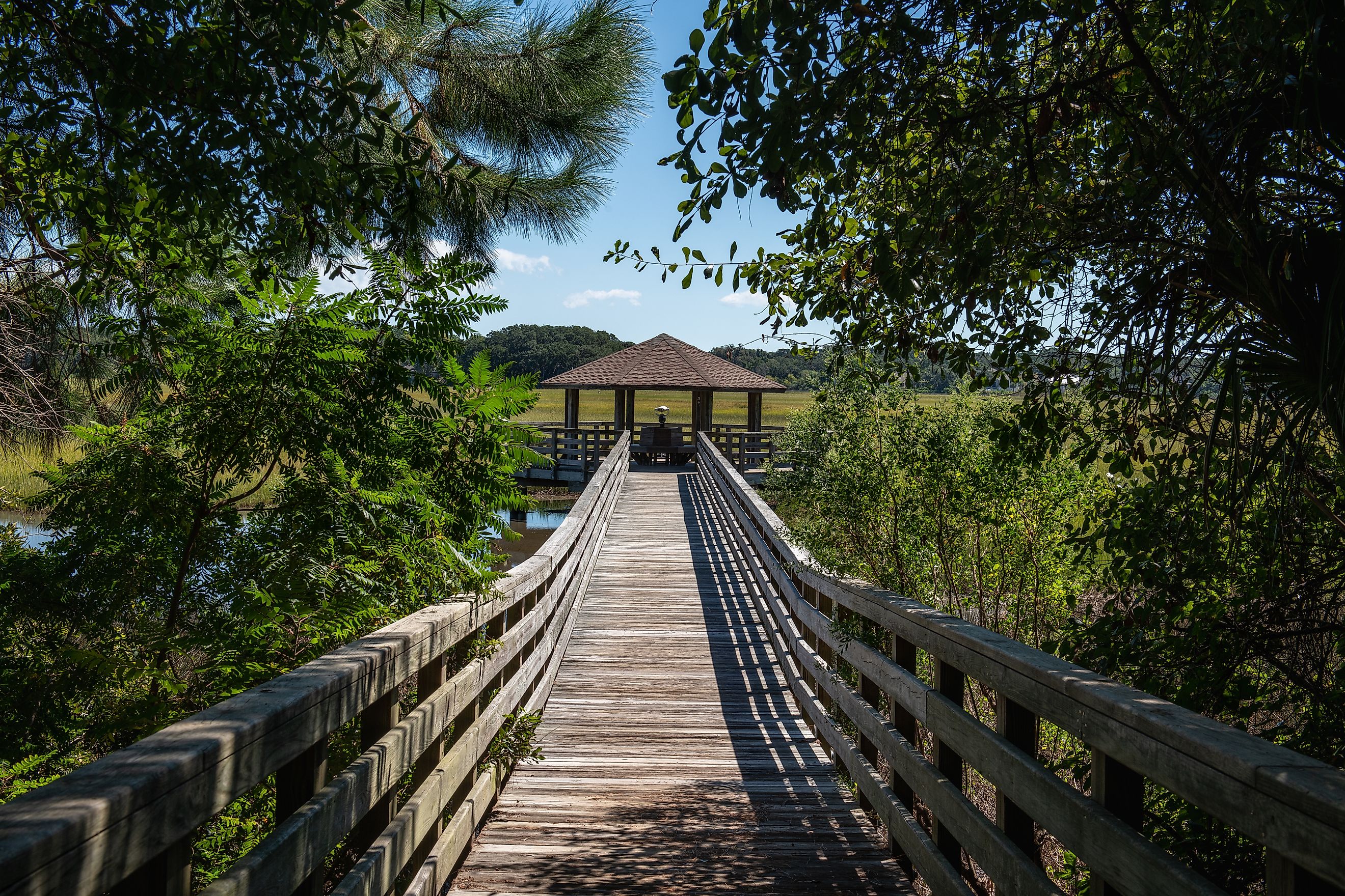 Boardwalk leading to a covered gazebo in Hilton Head Island, South Carolina.